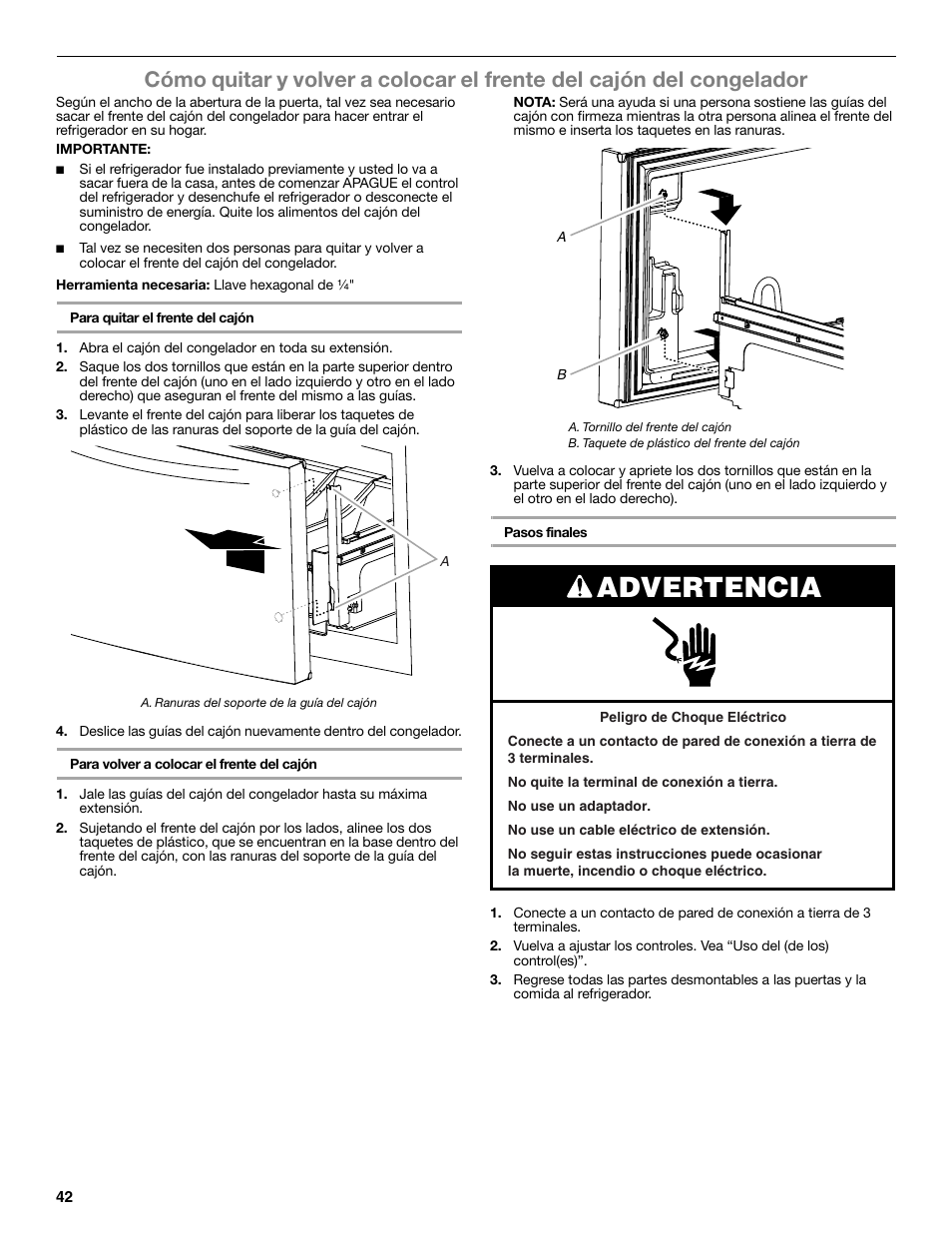 Advertencia | Whirlpool WRF991BOOM User Manual | Page 42 / 108