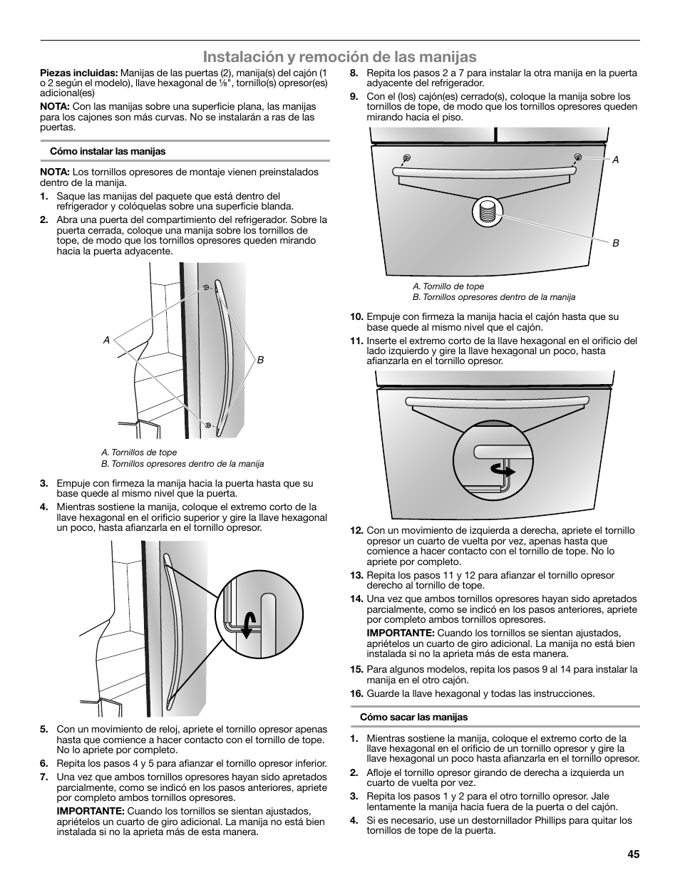 Instalación y remoción de las manijas | Whirlpool WRF991BOOM User Manual | Page 45 / 108