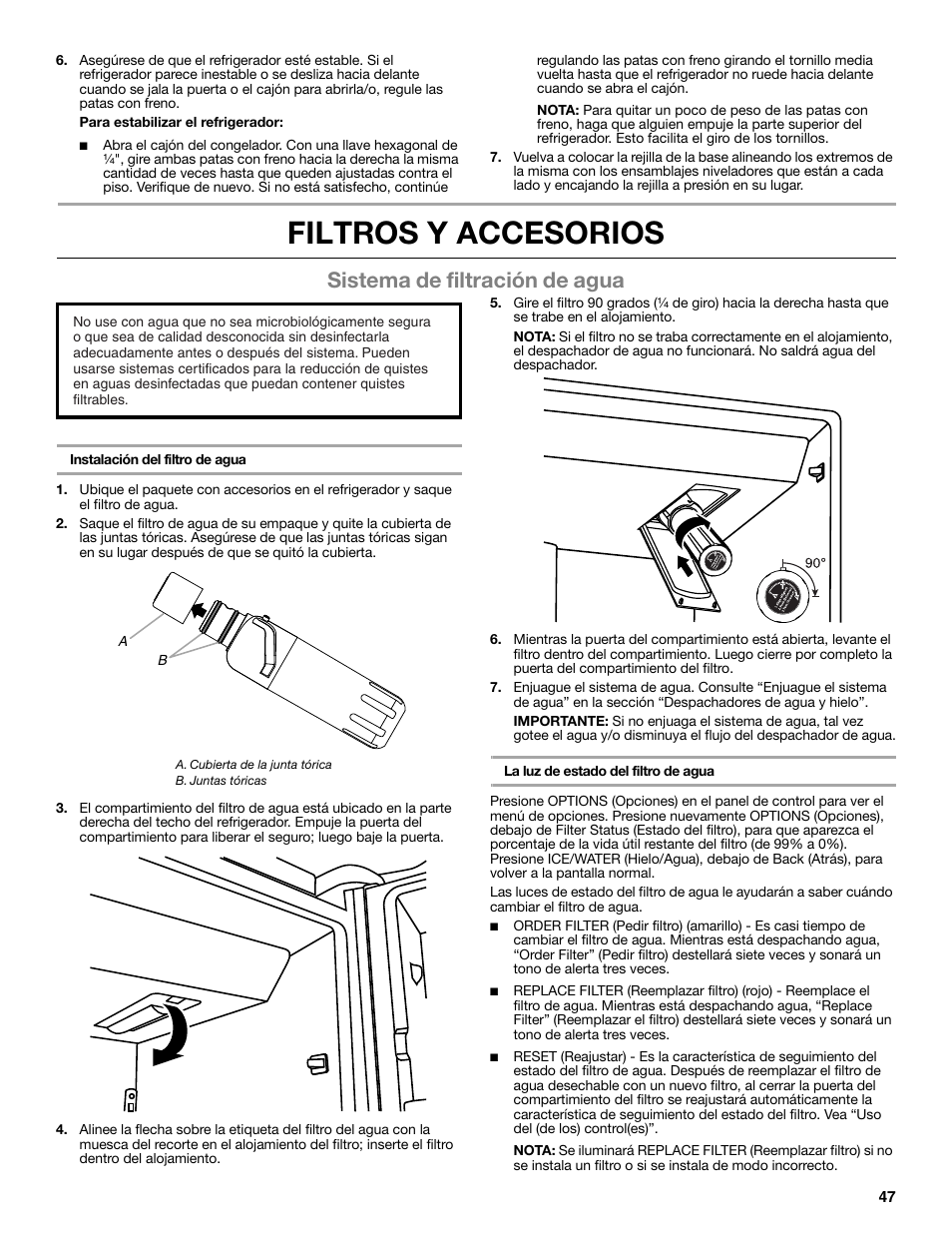 Filtros y accesorios, Sistema de filtración de agua | Whirlpool WRF991BOOM User Manual | Page 47 / 108