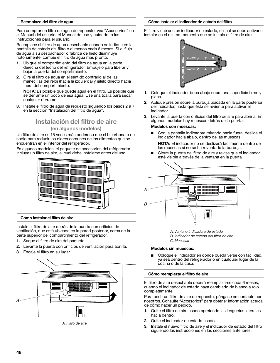 Instalación del filtro de aire | Whirlpool WRF991BOOM User Manual | Page 48 / 108