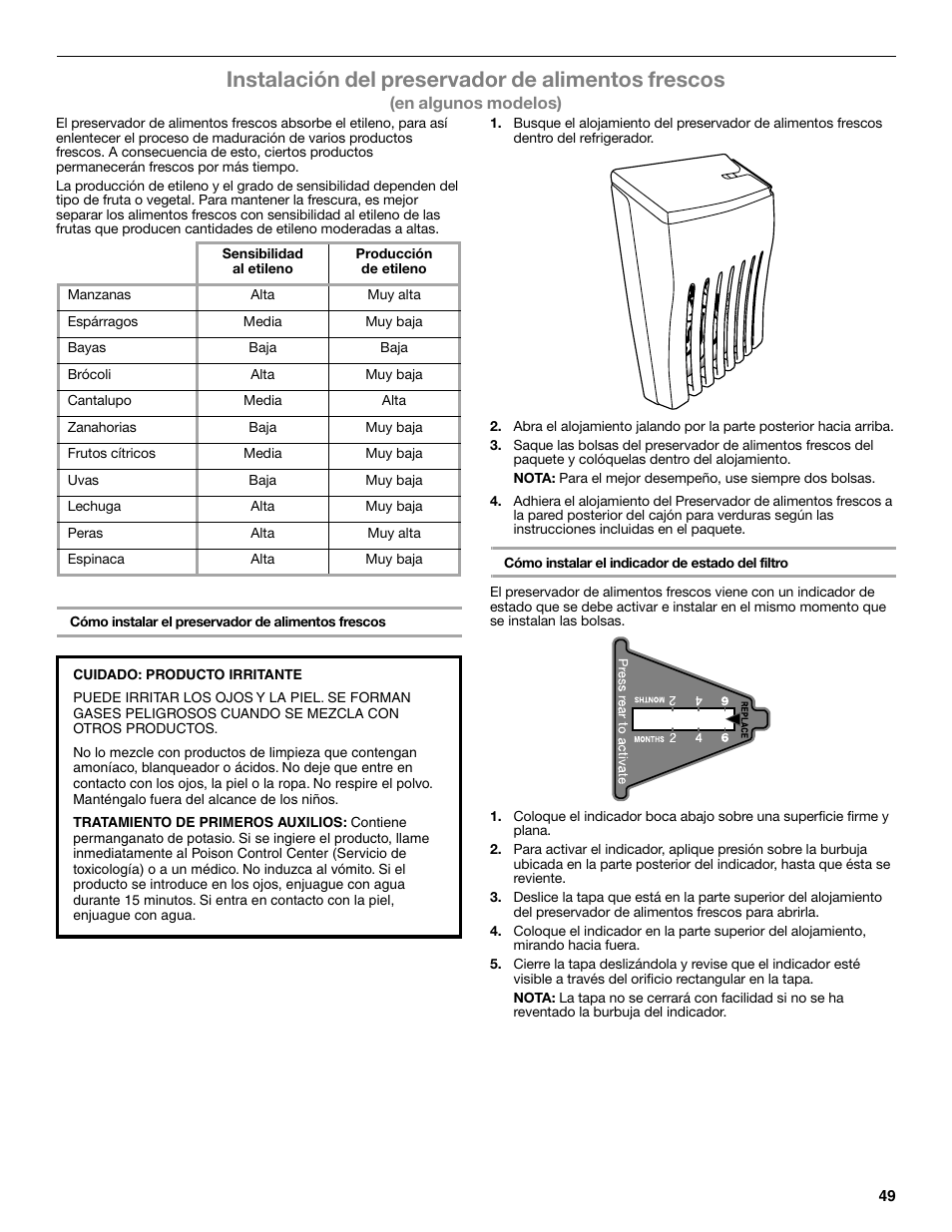 Instalación del preservador de alimentos frescos, En algunos modelos) | Whirlpool WRF991BOOM User Manual | Page 49 / 108