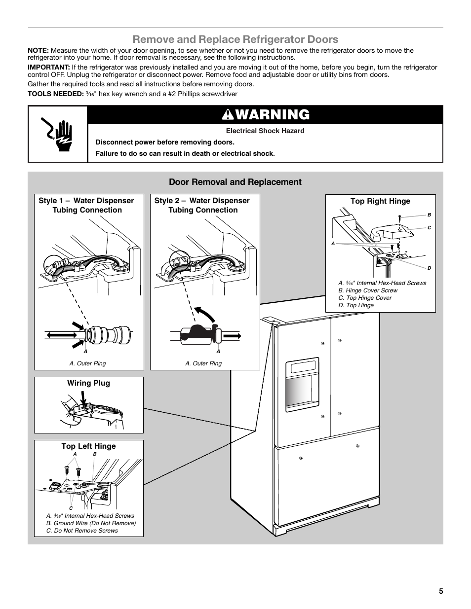 Warning, Remove and replace refrigerator doors, Door removal and replacement | Whirlpool WRF991BOOM User Manual | Page 5 / 108