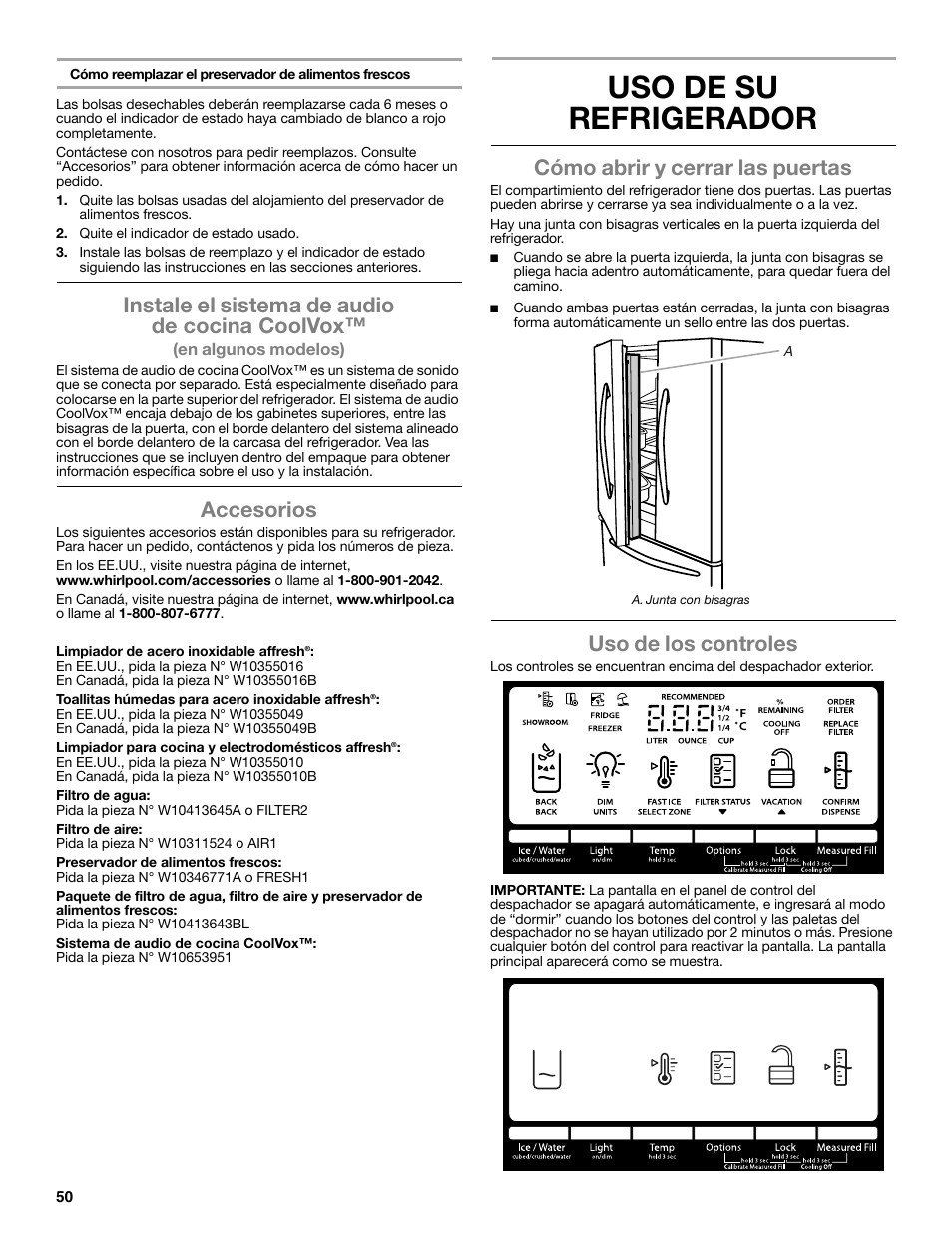 Uso de su refrigerador, Instale el sistema de audio de cocina coolvox, Accesorios | Cómo abrir y cerrar las puertas, Uso de los controles | Whirlpool WRF991BOOM User Manual | Page 50 / 108