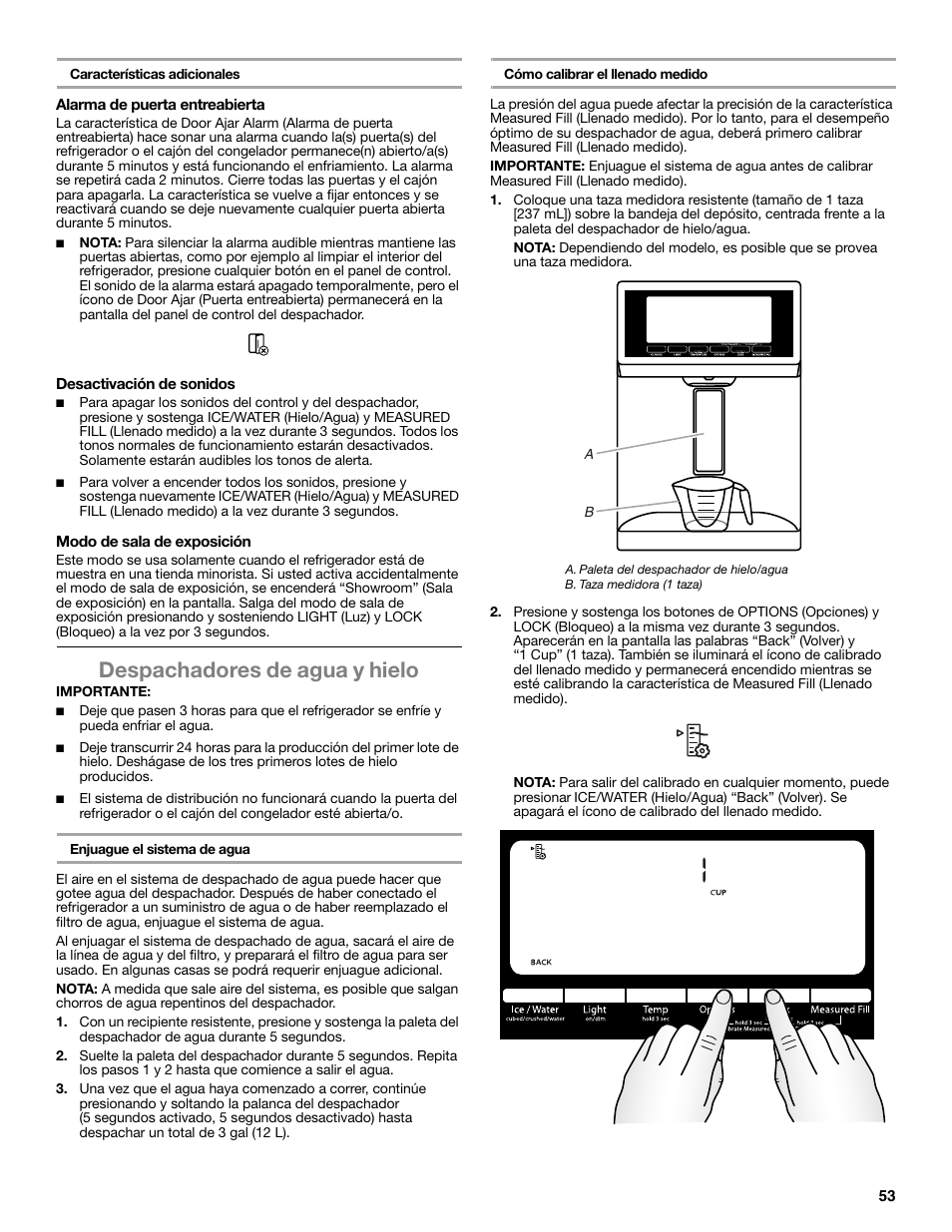 Despachadores de agua y hielo | Whirlpool WRF991BOOM User Manual | Page 53 / 108