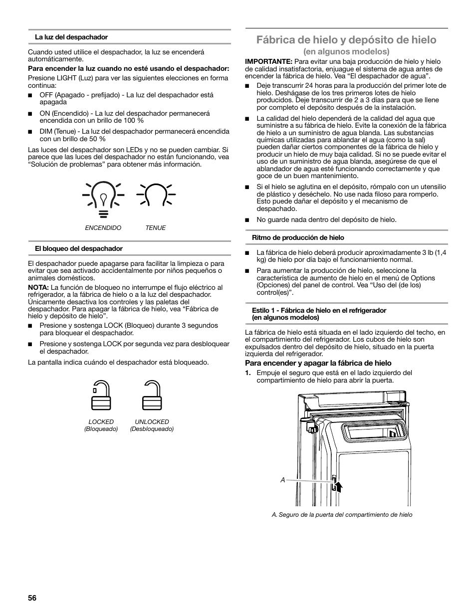 Fábrica de hielo y depósito de hielo, En algunos modelos) | Whirlpool WRF991BOOM User Manual | Page 56 / 108