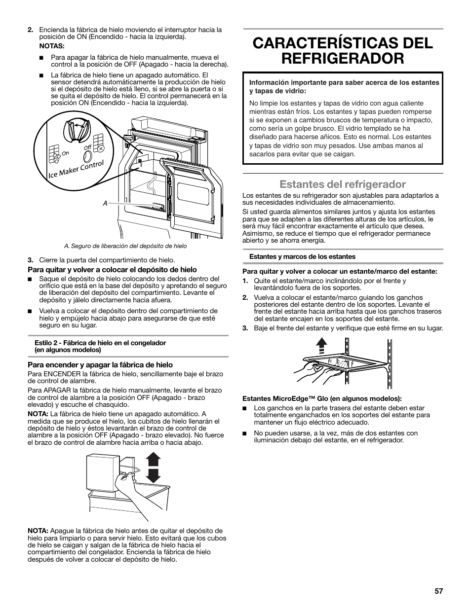 Características del refrigerador, Estantes del refrigerador | Whirlpool WRF991BOOM User Manual | Page 57 / 108