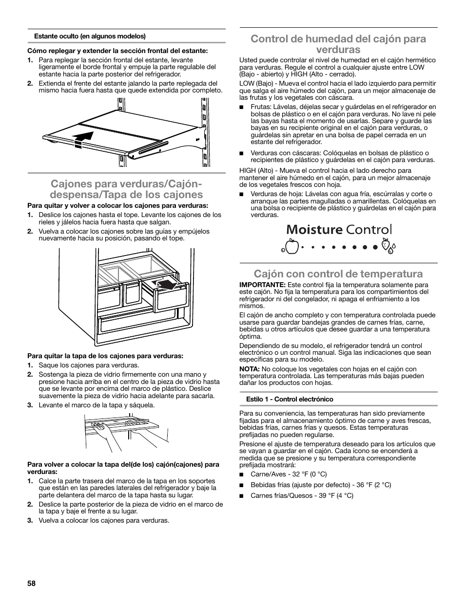 Control de humedad del cajón para verduras, Cajón con control de temperatura | Whirlpool WRF991BOOM User Manual | Page 58 / 108