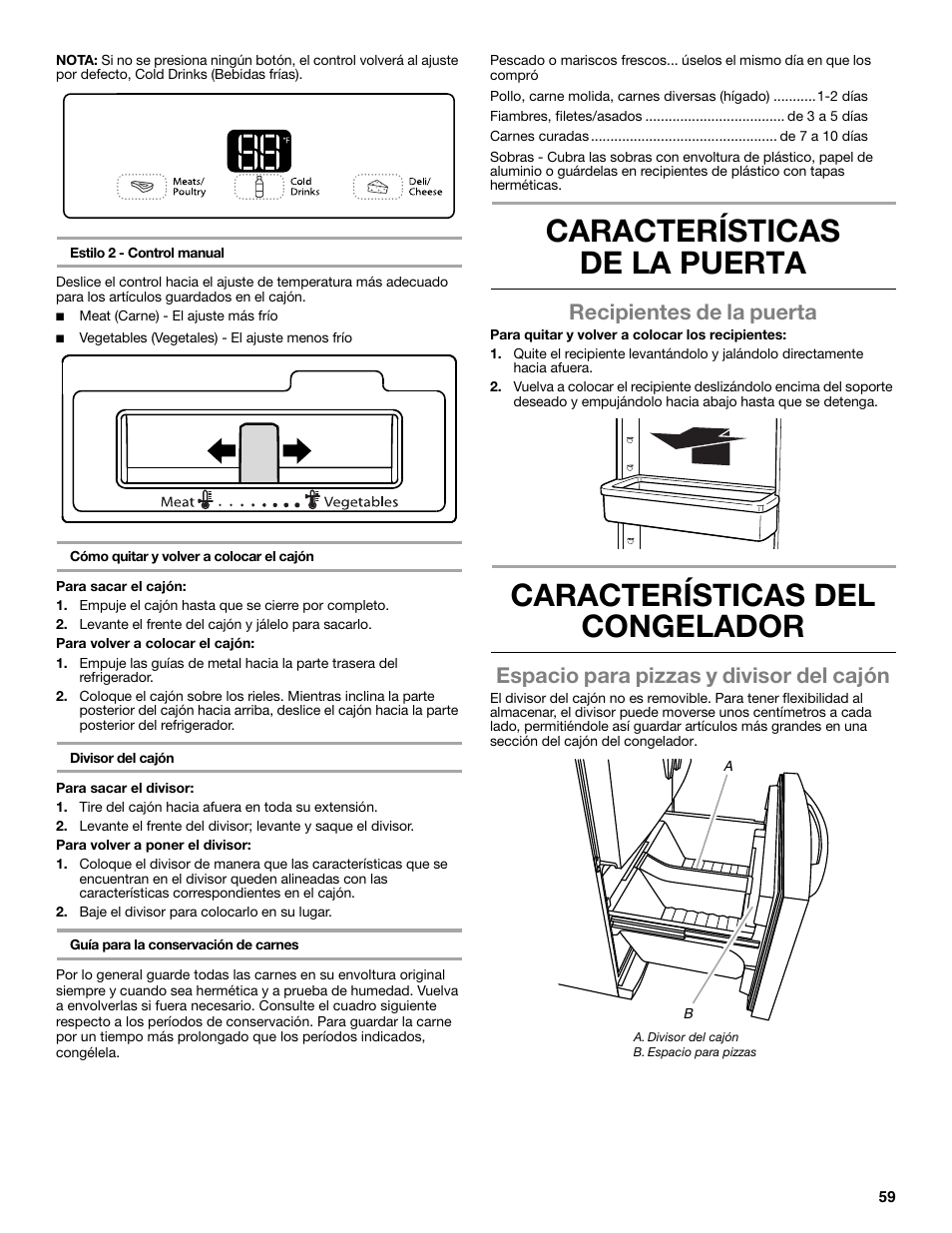 Características de la puerta, Características del congelador, Recipientes de la puerta | Espacio para pizzas y divisor del cajón | Whirlpool WRF991BOOM User Manual | Page 59 / 108