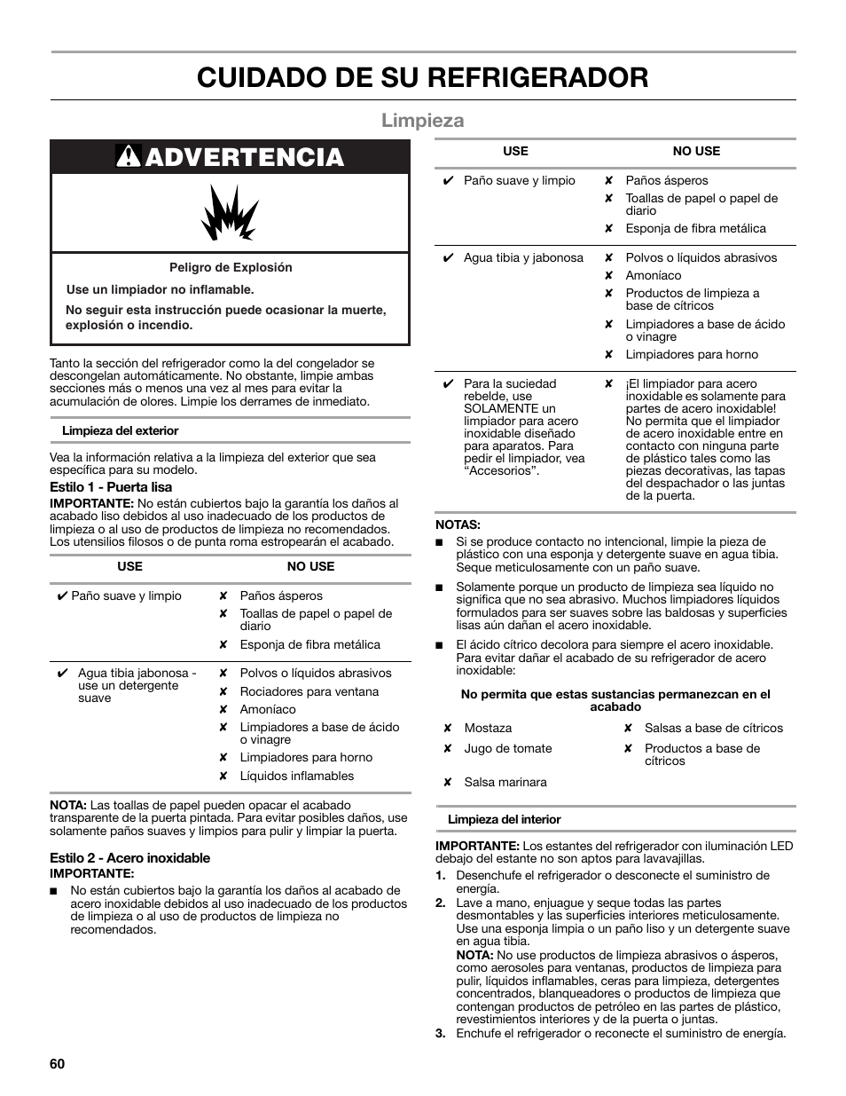 Cuidado de su refrigerador, Advertencia, Limpieza | Whirlpool WRF991BOOM User Manual | Page 60 / 108