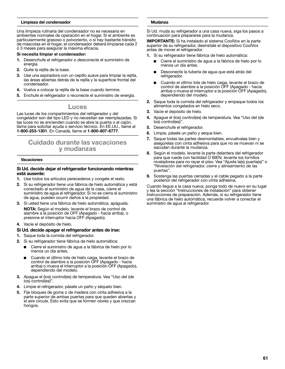 Luces, Cuidado durante las vacaciones y mudanzas | Whirlpool WRF991BOOM User Manual | Page 61 / 108