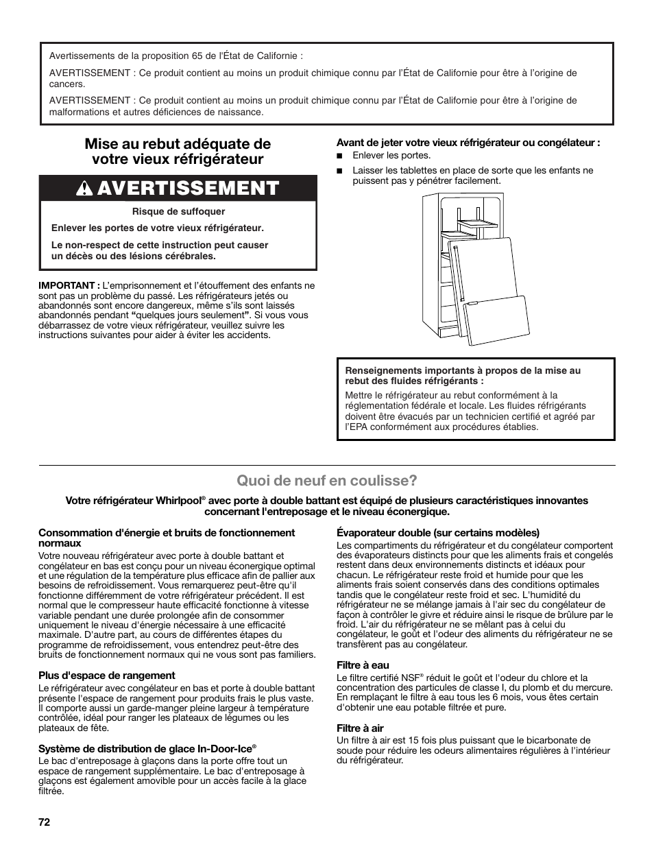 Avertissement, Quoi de neuf en coulisse | Whirlpool WRF991BOOM User Manual | Page 72 / 108