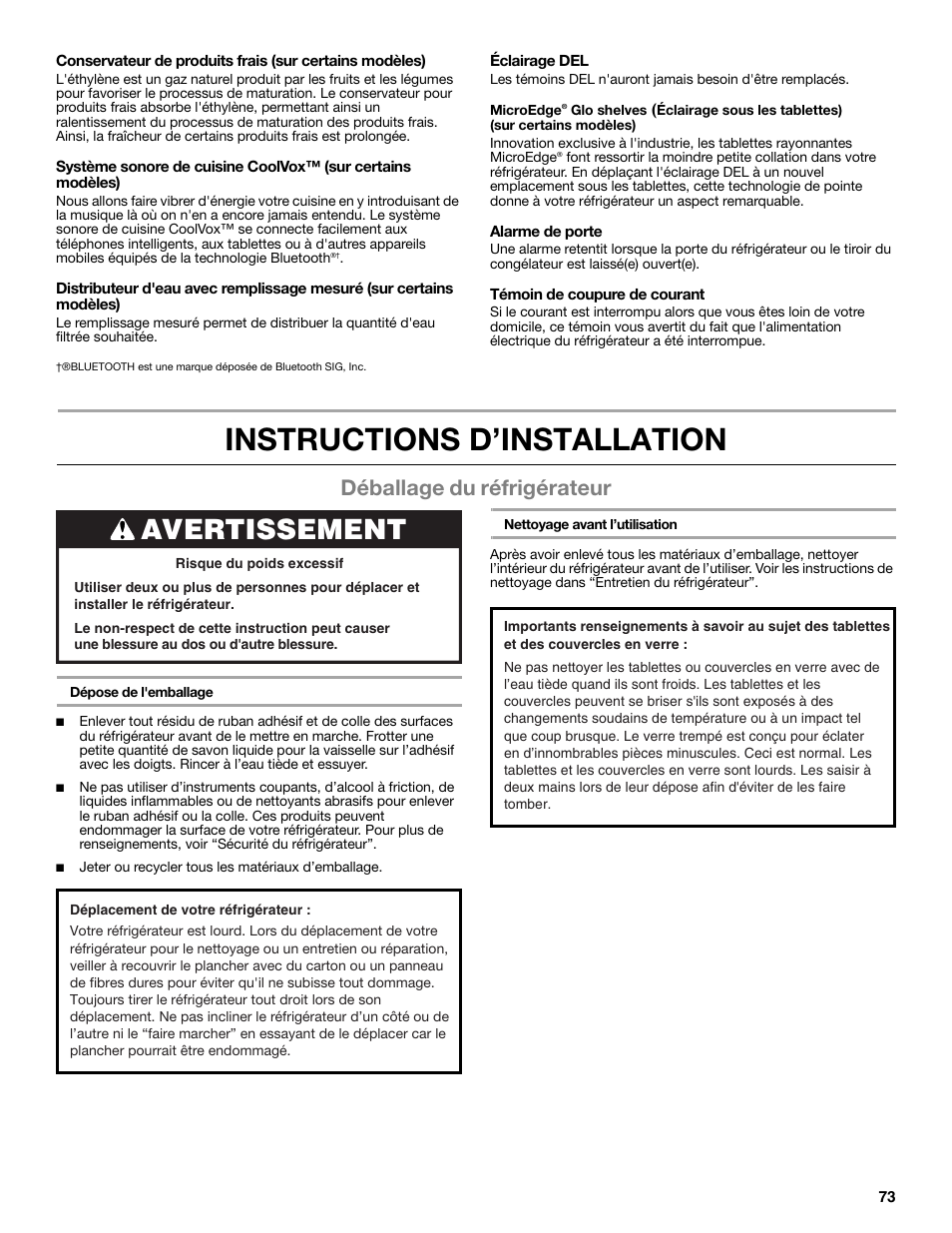 Instructions d’installation, Avertissement, Déballage du réfrigérateur | Whirlpool WRF991BOOM User Manual | Page 73 / 108