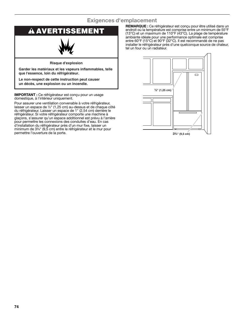 Avertissement, Exigences d'emplacement | Whirlpool WRF991BOOM User Manual | Page 74 / 108