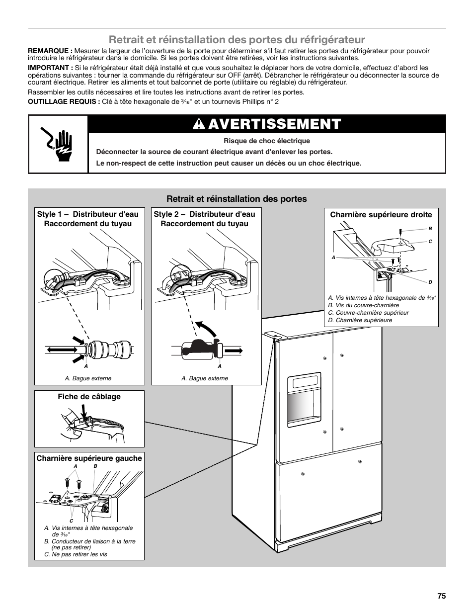 Avertissement, Retrait et réinstallation des portes | Whirlpool WRF991BOOM User Manual | Page 75 / 108