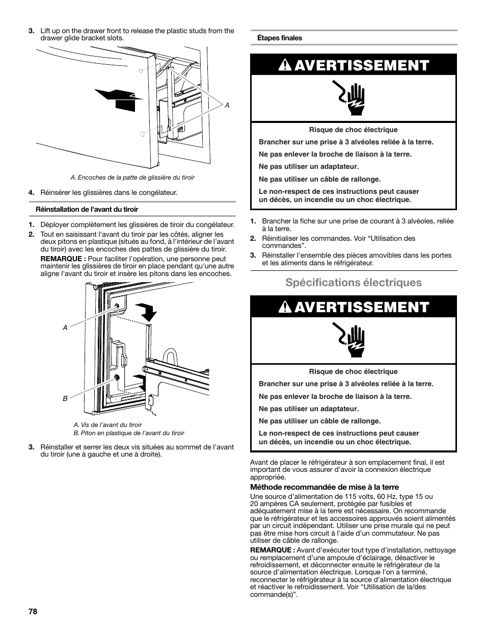 Avertissement, Spécifications électriques | Whirlpool WRF991BOOM User Manual | Page 78 / 108