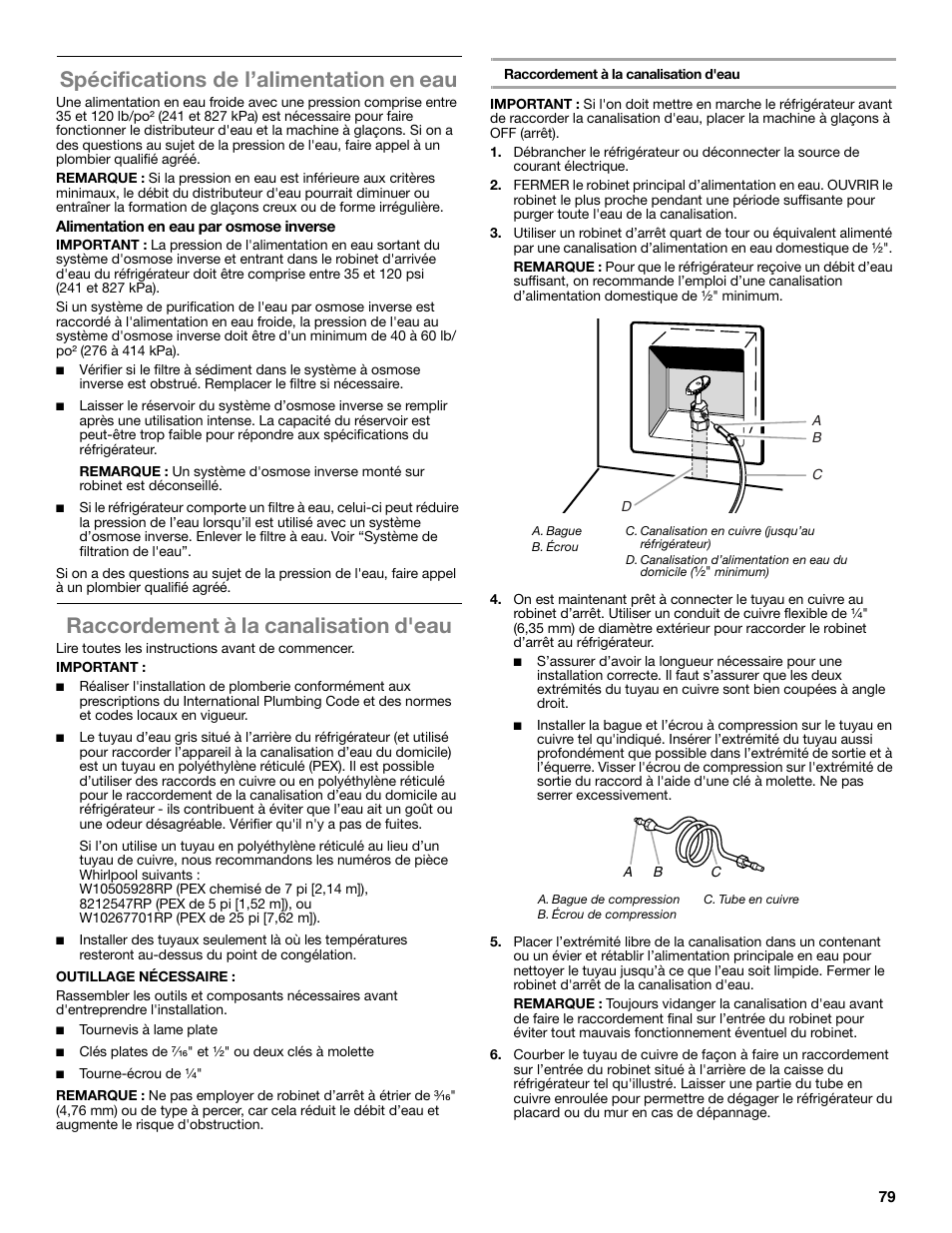 Spécifications de l’alimentation en eau, Raccordement à la canalisation d'eau | Whirlpool WRF991BOOM User Manual | Page 79 / 108