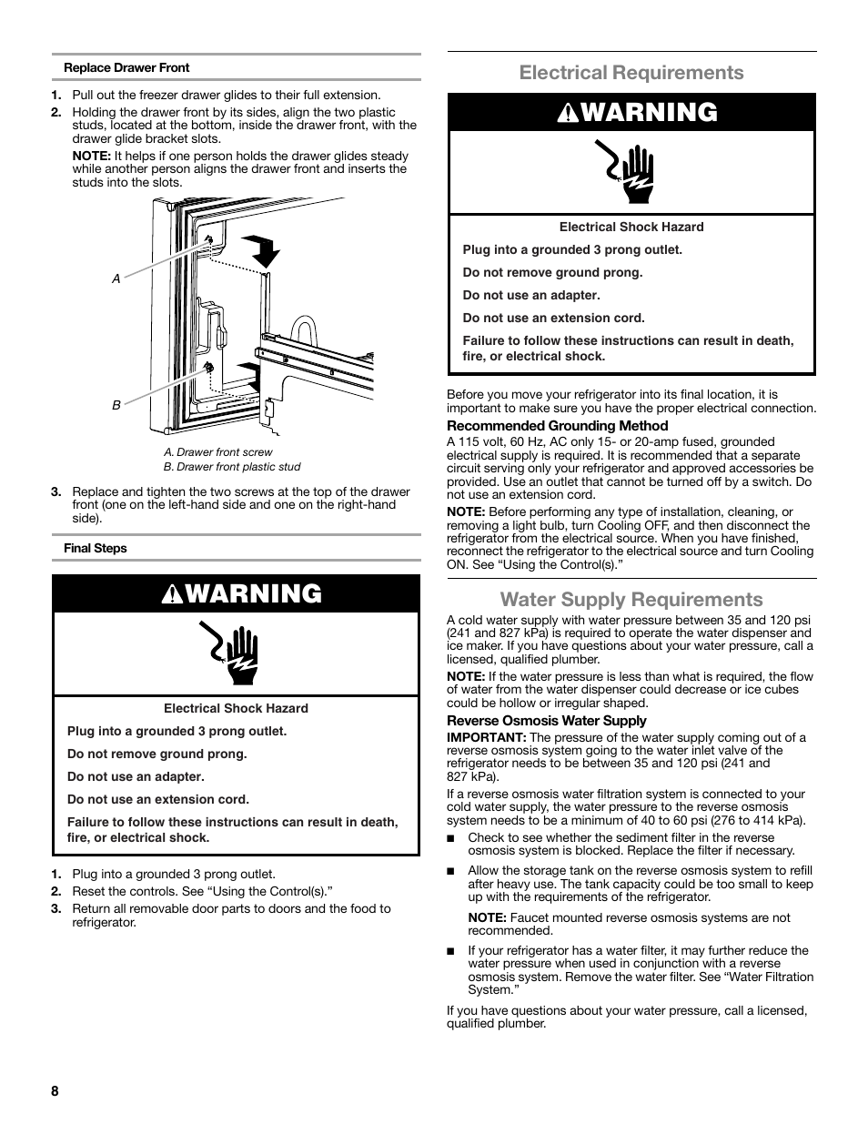 Warning, Electrical requirements, Water supply requirements | Whirlpool WRF991BOOM User Manual | Page 8 / 108