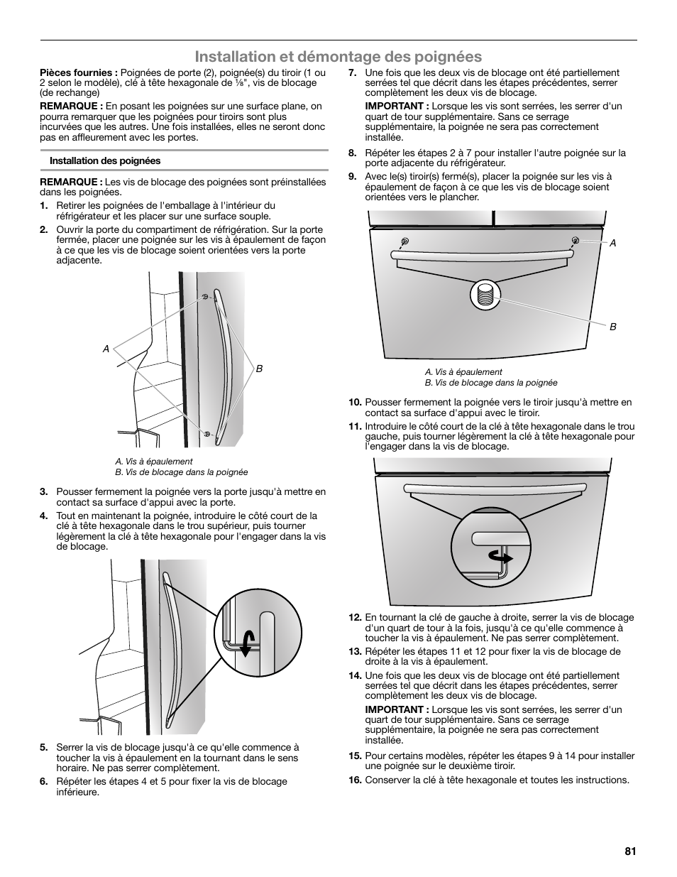 Installation et démontage des poignées | Whirlpool WRF991BOOM User Manual | Page 81 / 108