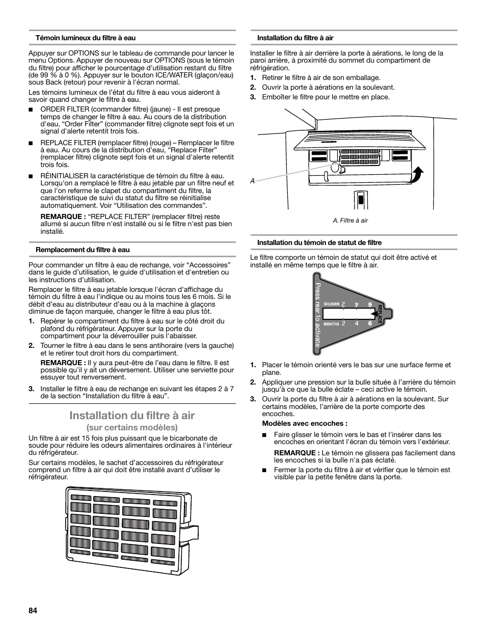 Installation du filtre à air | Whirlpool WRF991BOOM User Manual | Page 84 / 108