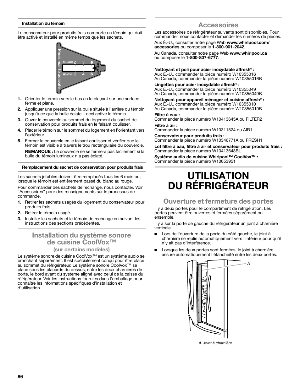 Utilisation du réfrigérateur, Installation du système sonore de cuisine coolvox, Accessoires | Ouverture et fermeture des portes | Whirlpool WRF991BOOM User Manual | Page 86 / 108