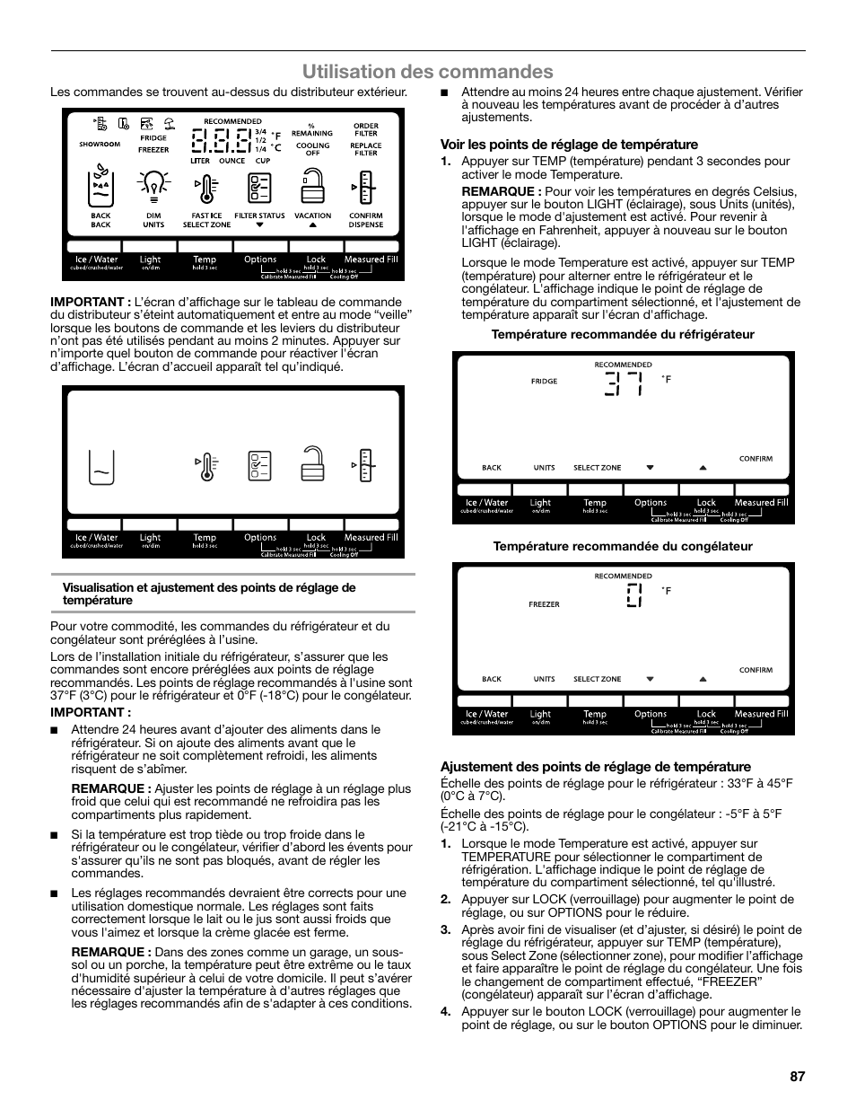 Utilisation des commandes | Whirlpool WRF991BOOM User Manual | Page 87 / 108