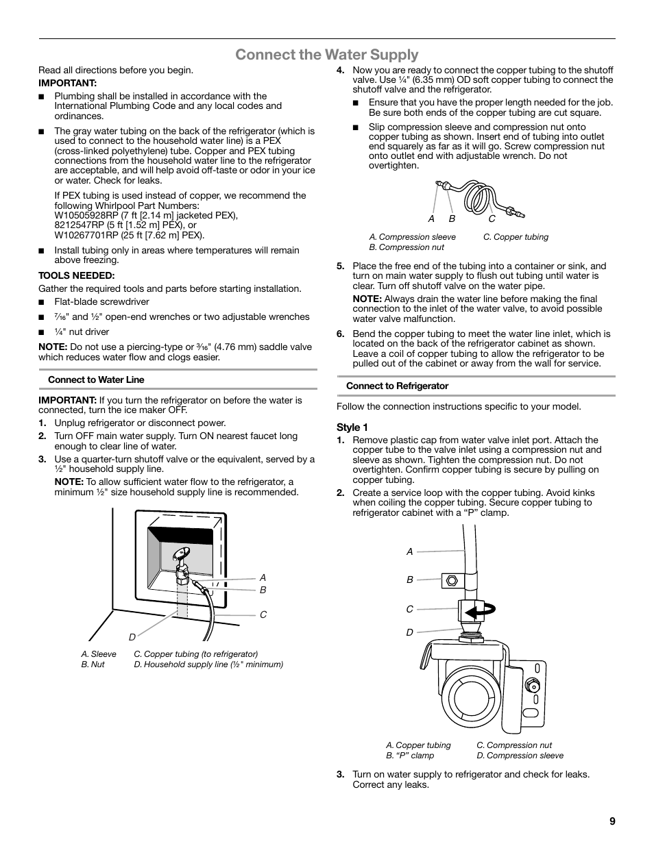 Connect the water supply | Whirlpool WRF991BOOM User Manual | Page 9 / 108