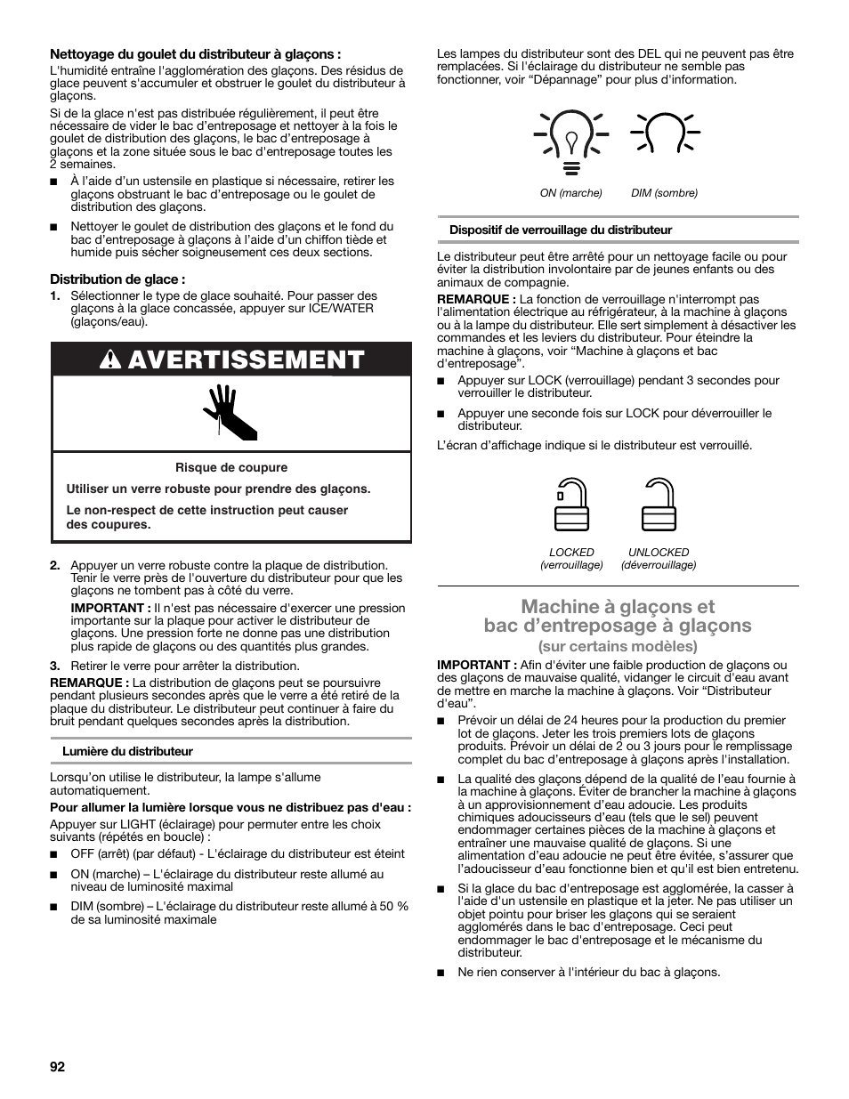 Avertissement, Machine à glaçons et bac d’entreposage à glaçons | Whirlpool WRF991BOOM User Manual | Page 92 / 108