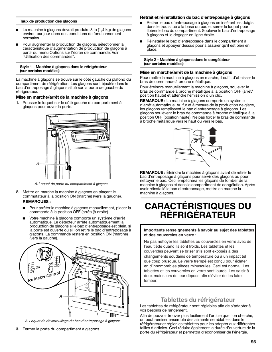 Caractéristiques du réfrigérateur, Tablettes du réfrigérateur | Whirlpool WRF991BOOM User Manual | Page 93 / 108