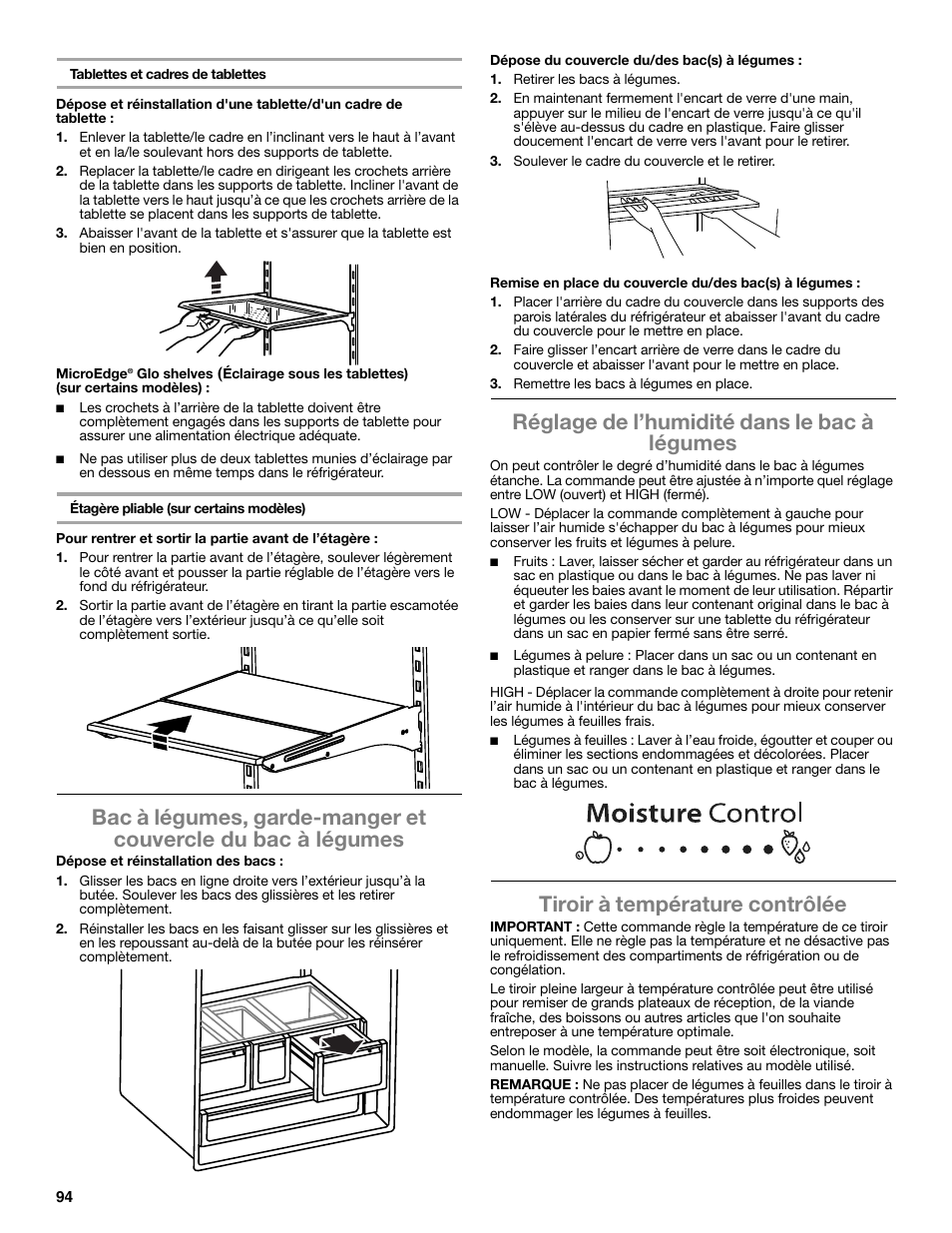 Réglage de l’humidité dans le bac à légumes, Tiroir à température contrôlée | Whirlpool WRF991BOOM User Manual | Page 94 / 108