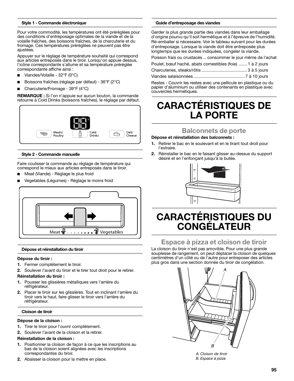 Caractéristiques de la porte, Caractéristiques du congélateur, Balconnets de porte | Espace à pizza et cloison de tiroir | Whirlpool WRF991BOOM User Manual | Page 95 / 108