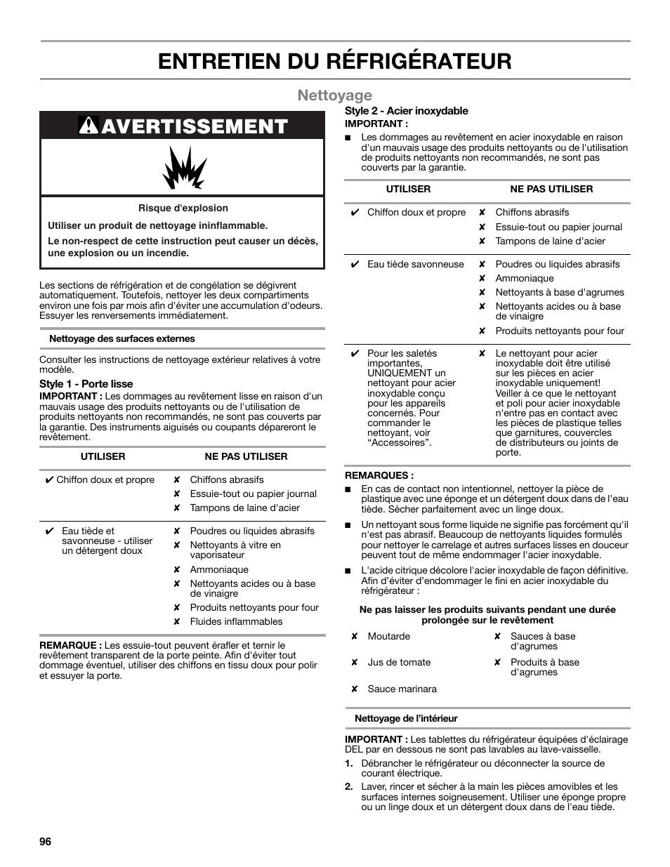 Entretien du réfrigérateur, Avertissement, Nettoyage | Whirlpool WRF991BOOM User Manual | Page 96 / 108