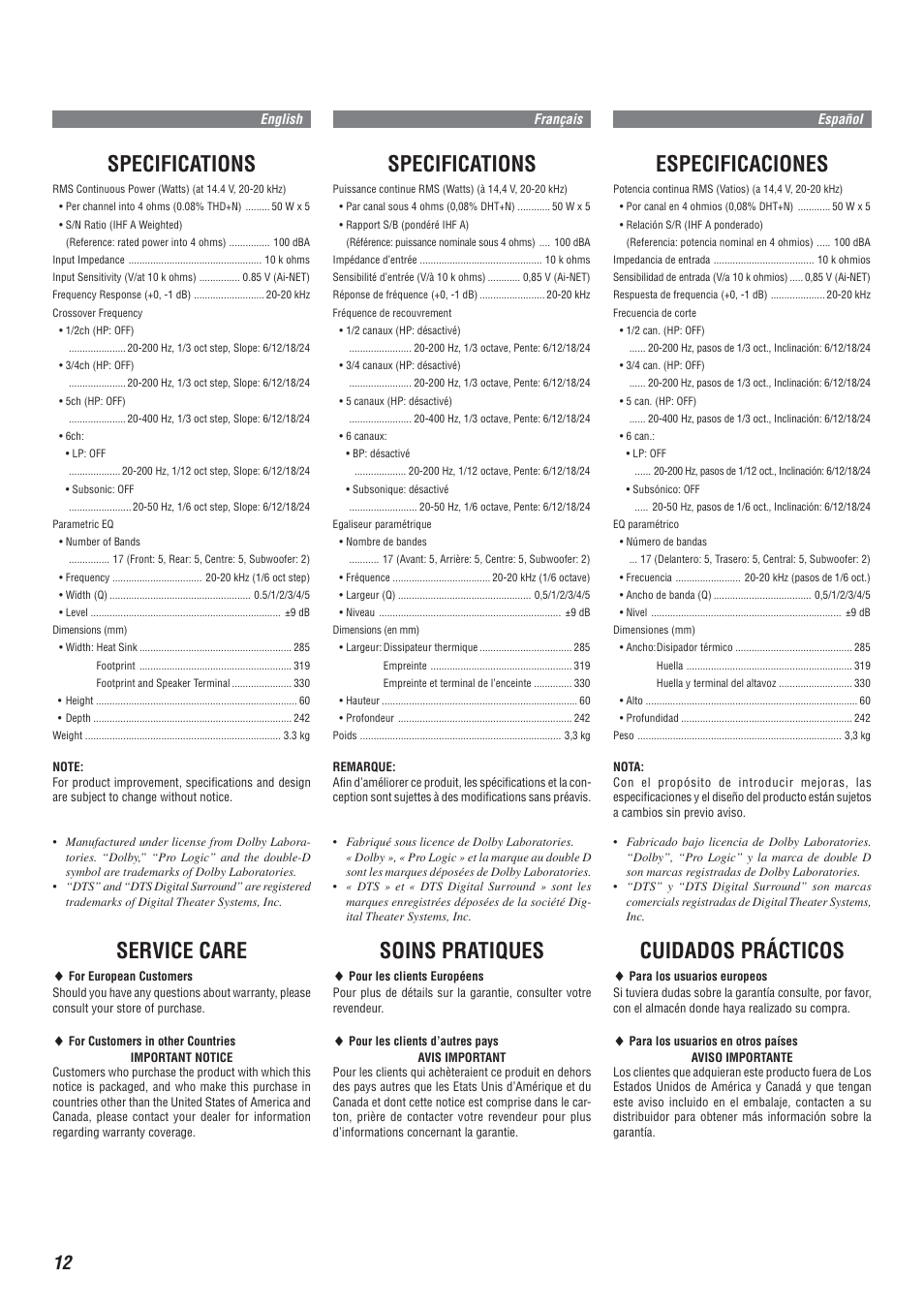 Specifications, Service care, Soins pratiques | Especificaciones, Cuidados prácticos | Alpine V-Power MRA-F350 User Manual | Page 12 / 16