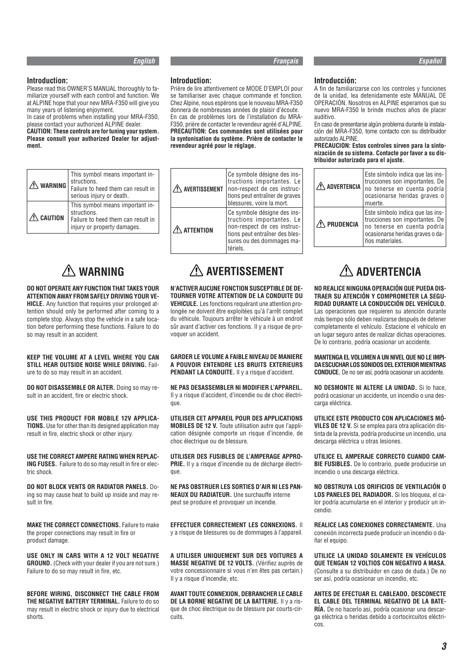 Avertissement, Warning, Advertencia | Alpine V-Power MRA-F350 User Manual | Page 3 / 16