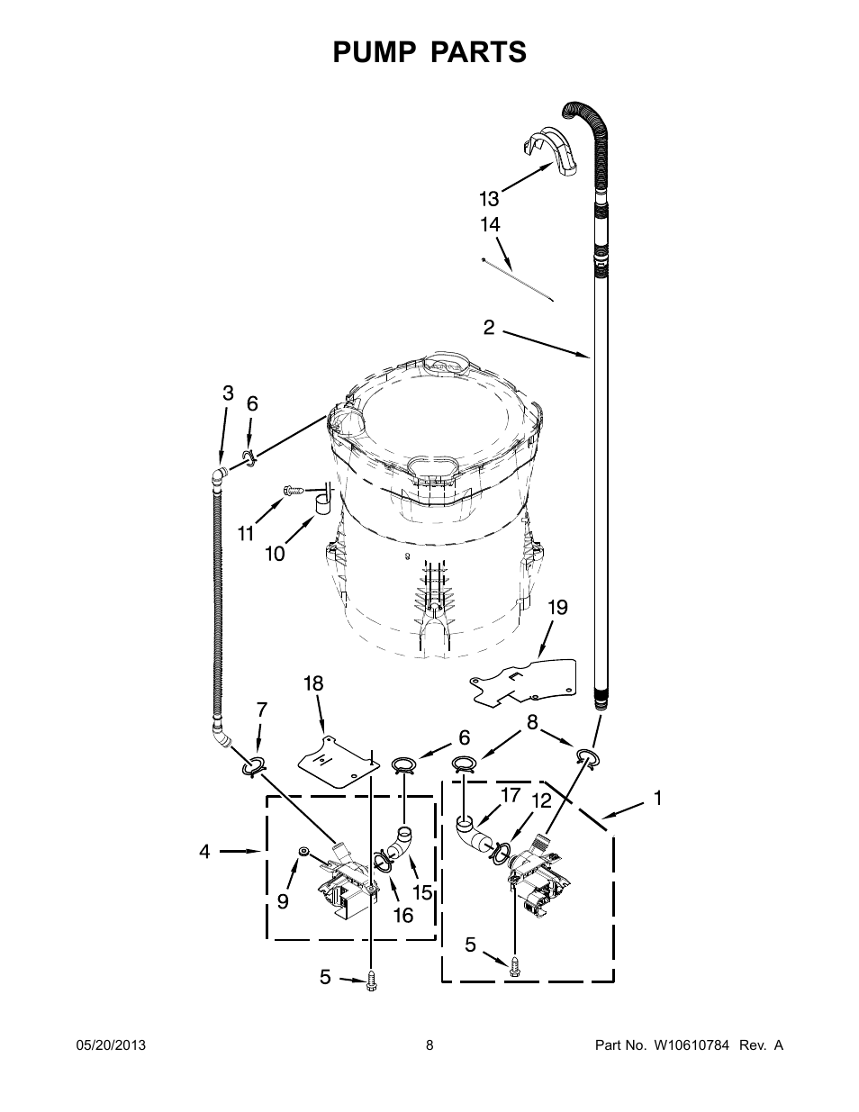 Pump, Pump parts | Whirlpool WTW8500BW User Manual | Page 8 / 10