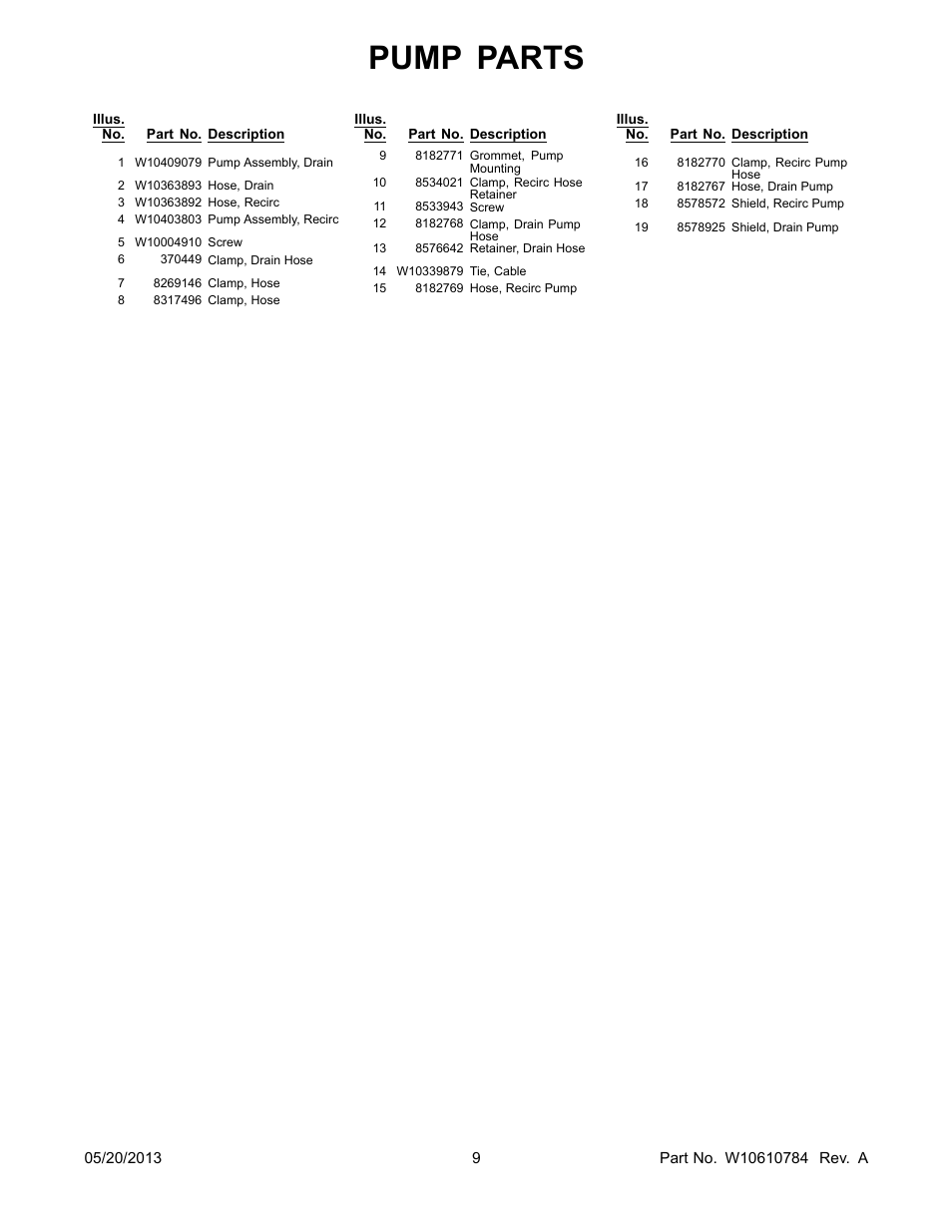 Pump parts | Whirlpool WTW8500BW User Manual | Page 9 / 10