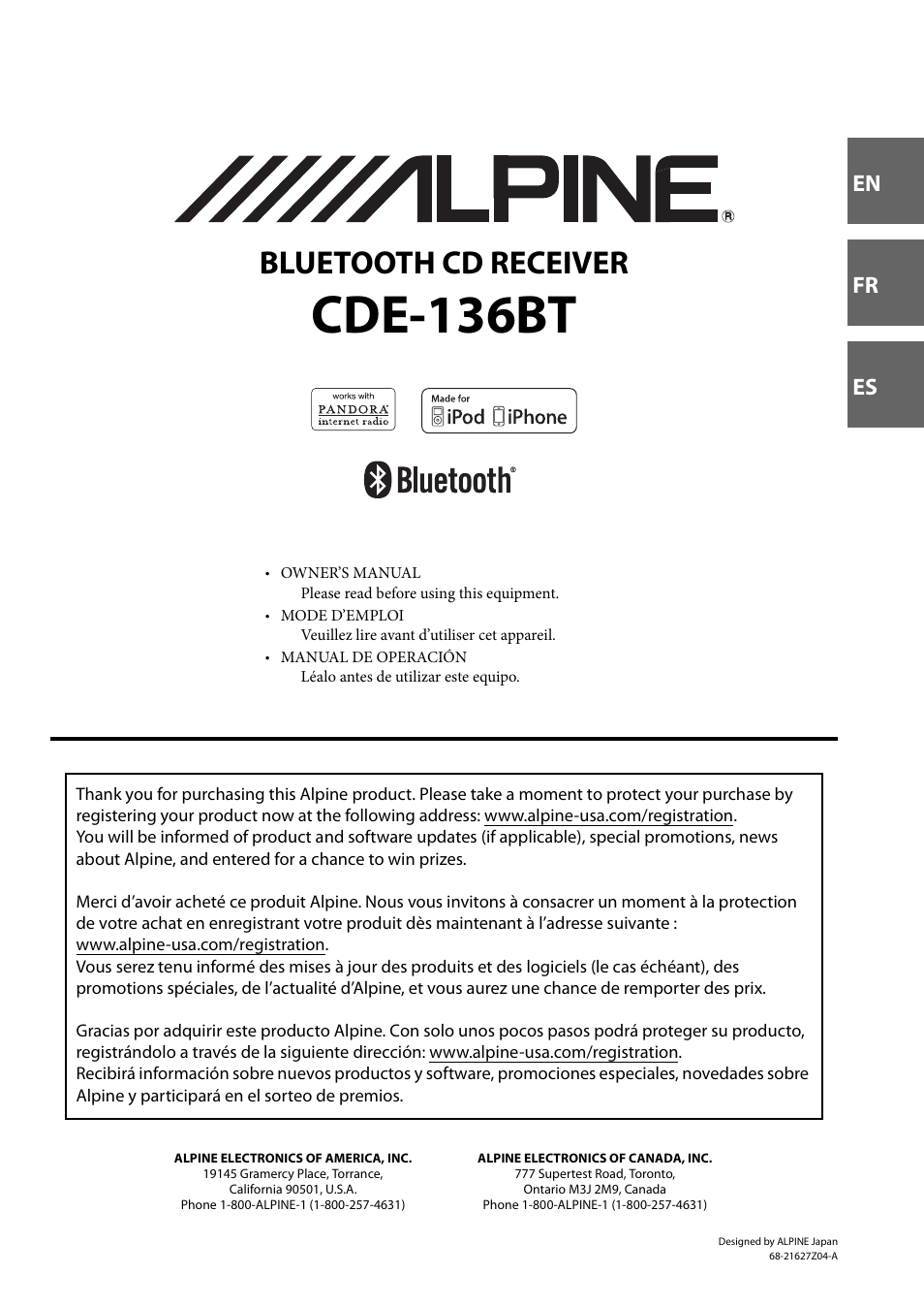 Alpine Bluetooth CD Receiver CDE-136BT User Manual | 45 pages