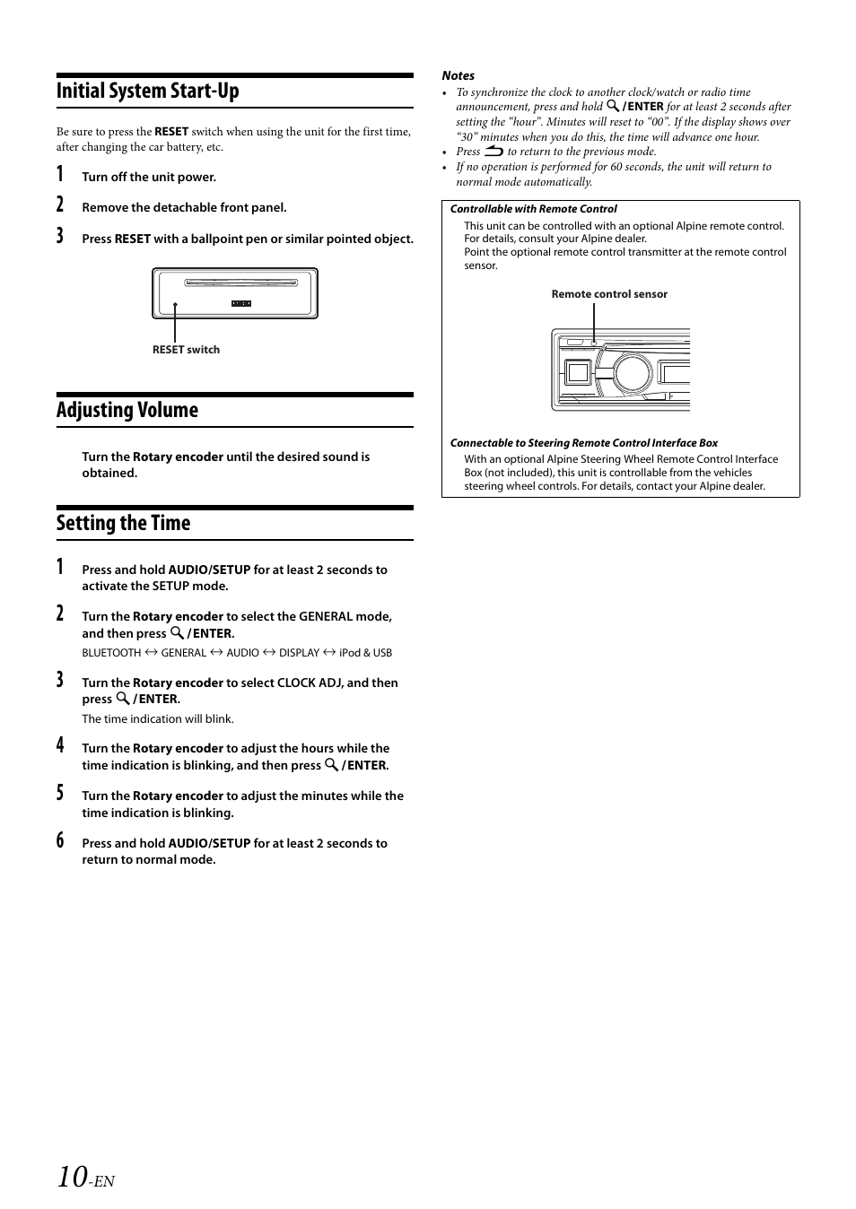 Initial system start-up, Adjusting volume, Setting the time | Alpine Bluetooth CD Receiver CDE-136BT User Manual | Page 10 / 45