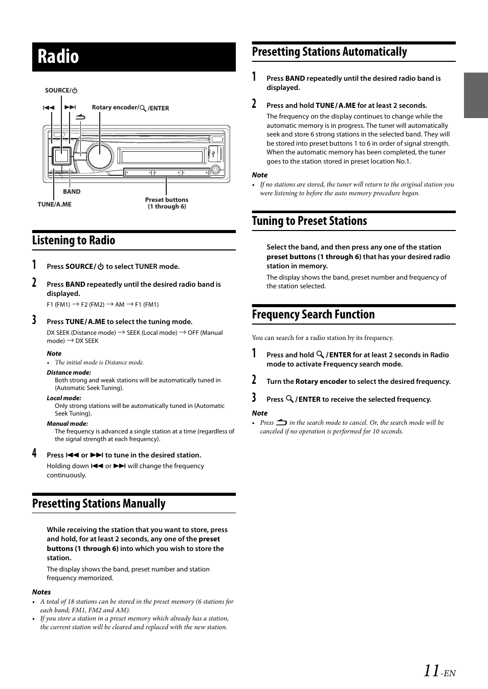 Radio, Listening to radio, Presetting stations manually | Presetting stations automatically, Tuning to preset stations, Frequency search function | Alpine Bluetooth CD Receiver CDE-136BT User Manual | Page 11 / 45