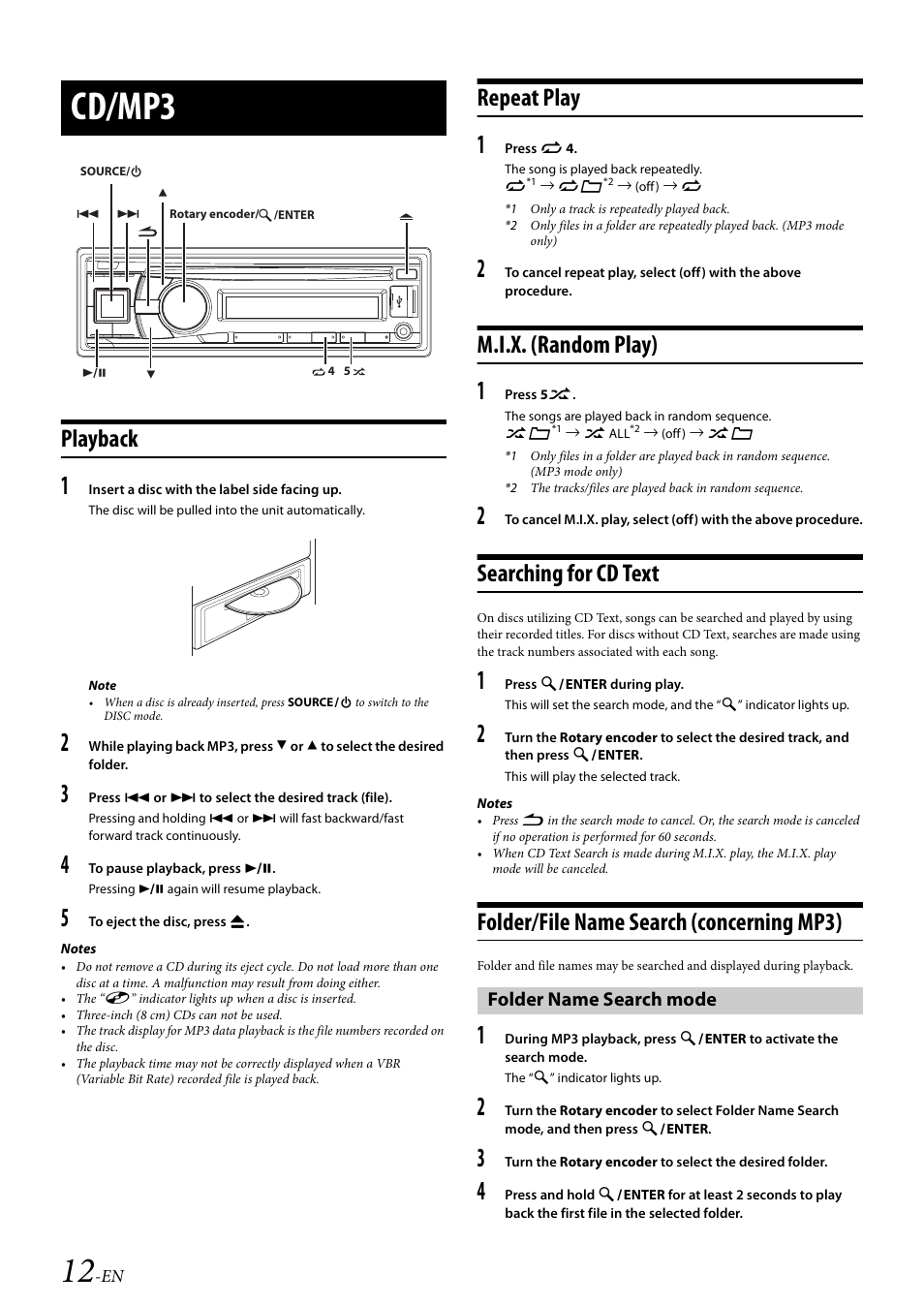 Cd/mp3, Playback, Repeat play | M.i.x. (random play), Searching for cd text, Folder/file name search (concerning mp3), Folder name search mode | Alpine Bluetooth CD Receiver CDE-136BT User Manual | Page 12 / 45