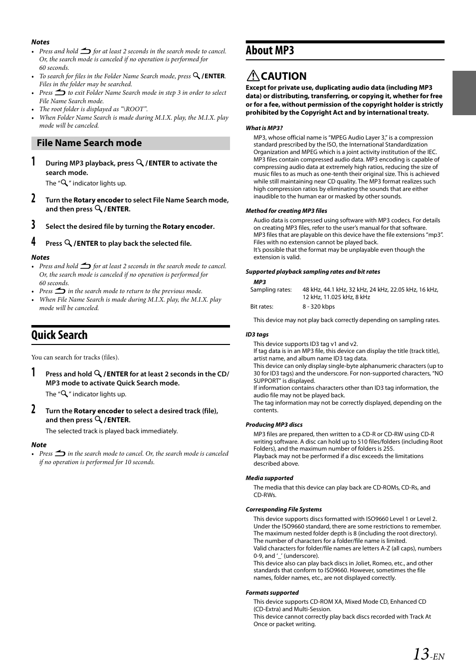 File name search mode, Quick search, About mp3 | Quick search about mp3, Caution | Alpine Bluetooth CD Receiver CDE-136BT User Manual | Page 13 / 45