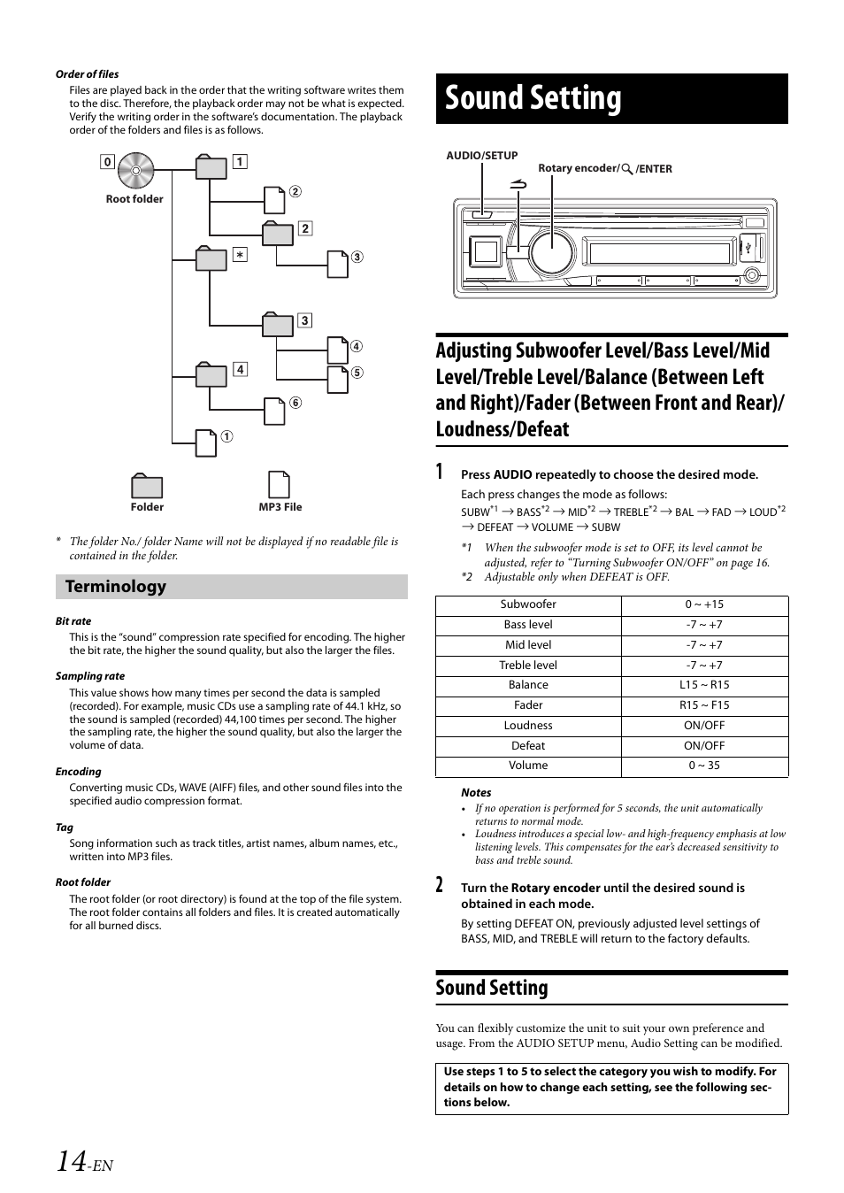 Terminology, Sound setting | Alpine Bluetooth CD Receiver CDE-136BT User Manual | Page 14 / 45
