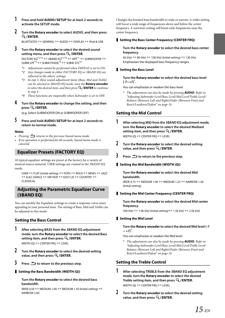 Equalizer presets (factory eq), Setting the bass control, Setting the mid control | Setting the treble control | Alpine Bluetooth CD Receiver CDE-136BT User Manual | Page 15 / 45