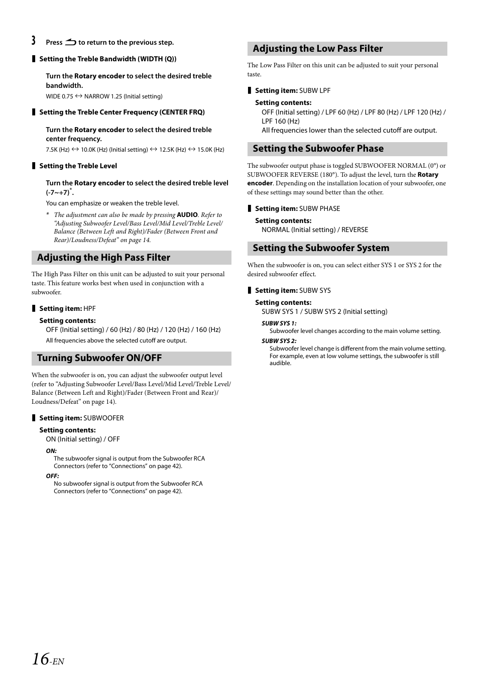 Adjusting the high pass filter, Turning subwoofer on/off, Adjusting the low pass filter | Setting the subwoofer phase, Setting the subwoofer system | Alpine Bluetooth CD Receiver CDE-136BT User Manual | Page 16 / 45