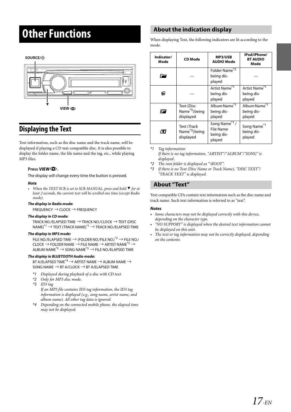 Other functions, Displaying the text, About the indication display | About “text, About the indication display about “text | Alpine Bluetooth CD Receiver CDE-136BT User Manual | Page 17 / 45