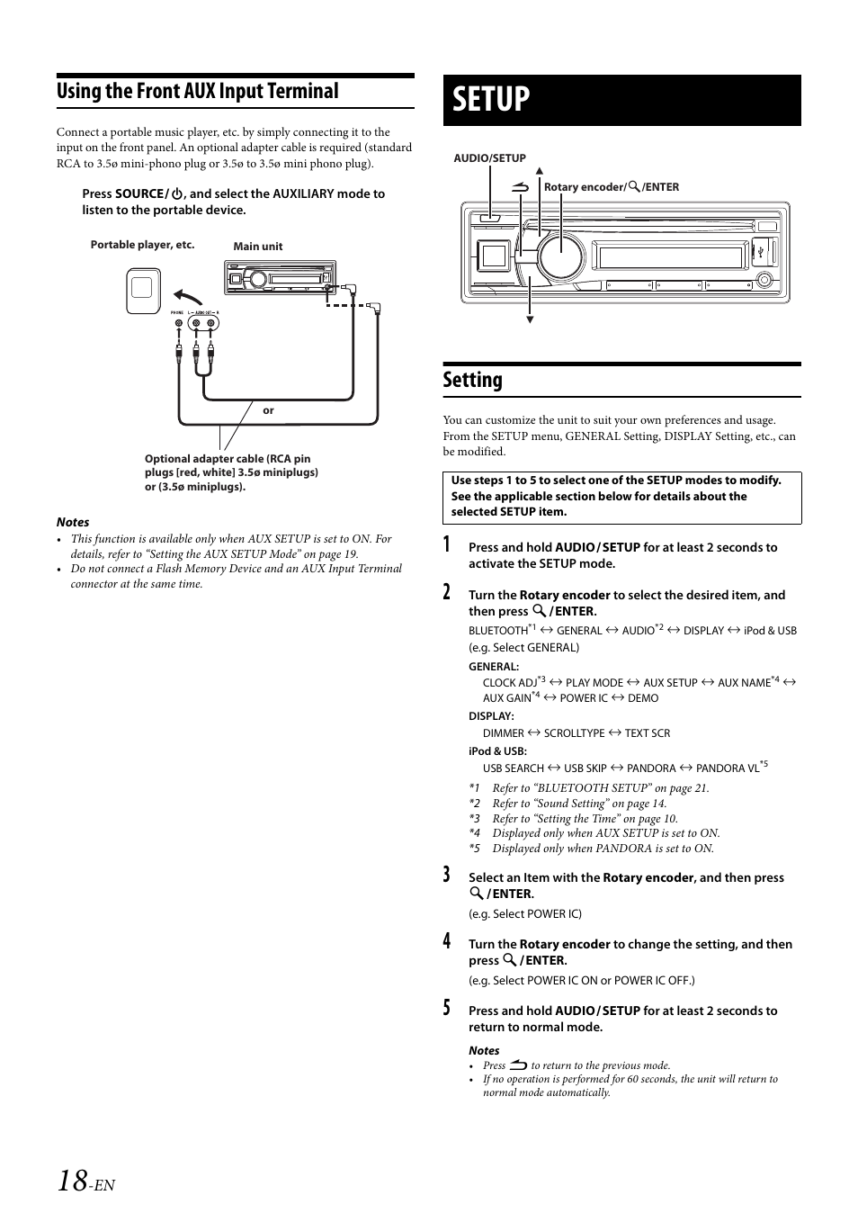 Using the front aux input terminal, Setup, Setting | Alpine Bluetooth CD Receiver CDE-136BT User Manual | Page 18 / 45