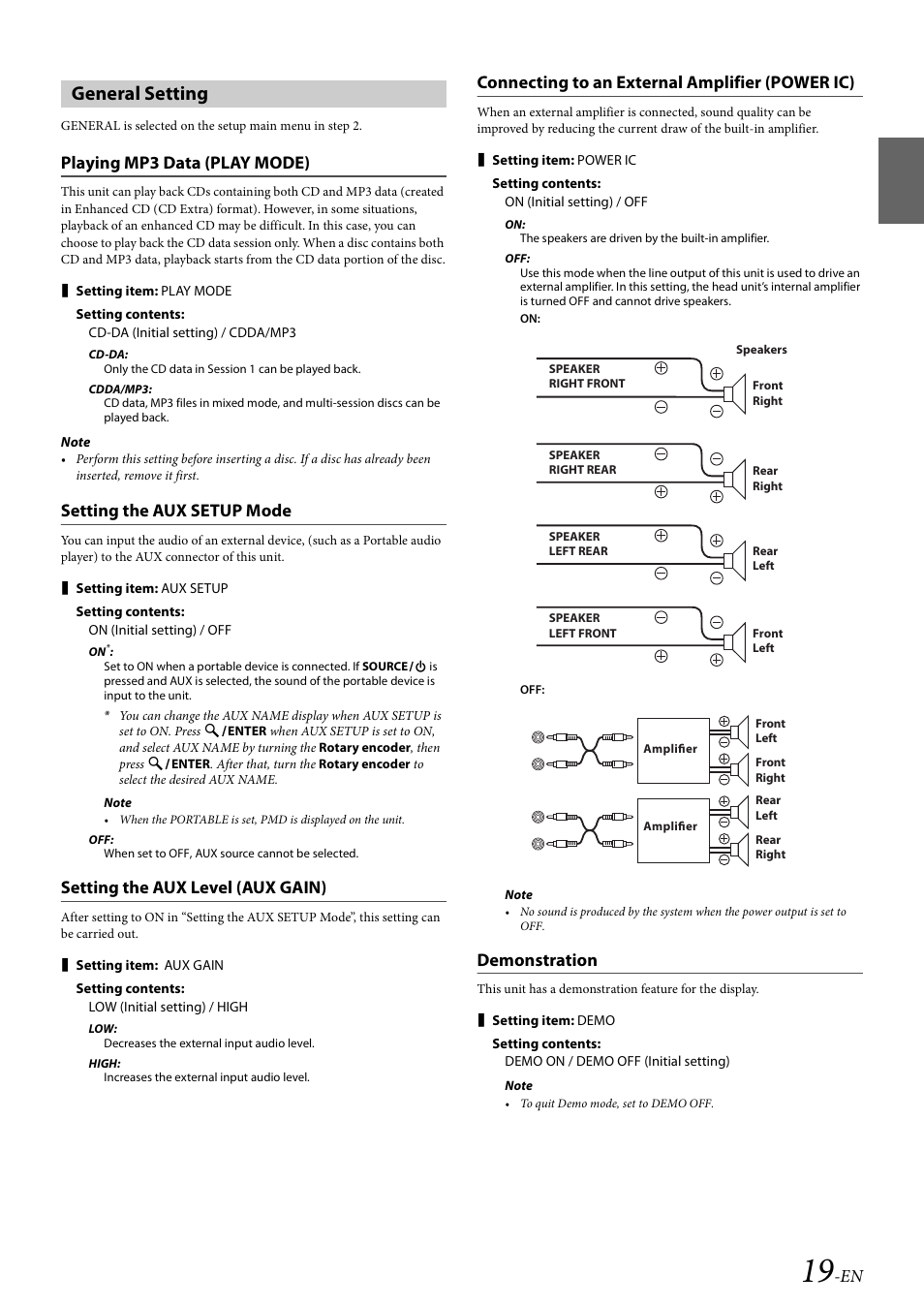 General setting, Playing mp3 data (play mode), Setting the aux setup mode | Setting the aux level (aux gain), Connecting to an external amplifier (power ic), Demonstration | Alpine Bluetooth CD Receiver CDE-136BT User Manual | Page 19 / 45