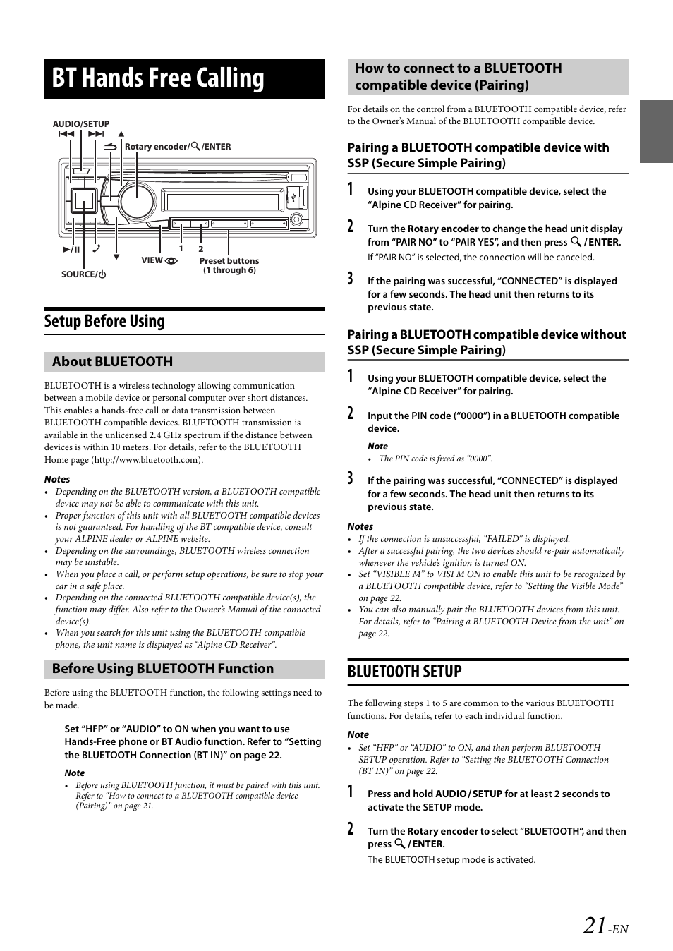 Bt hands free calling, Setup before using, About bluetooth | Before using bluetooth function, Bluetooth setup, About bluetooth before using bluetooth function | Alpine Bluetooth CD Receiver CDE-136BT User Manual | Page 21 / 45
