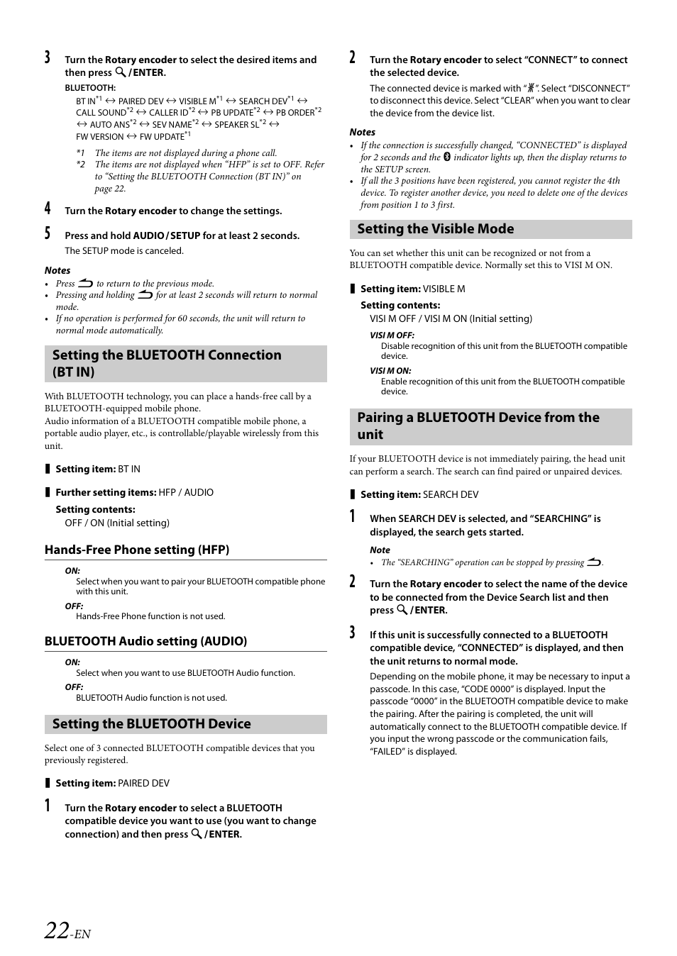 Setting the bluetooth connection (bt in), Hands-free phone setting (hfp), Bluetooth audio setting (audio) | Setting the bluetooth device, Setting the visible mode, Pairing a bluetooth device from the unit, Refer to “setting the | Alpine Bluetooth CD Receiver CDE-136BT User Manual | Page 22 / 45
