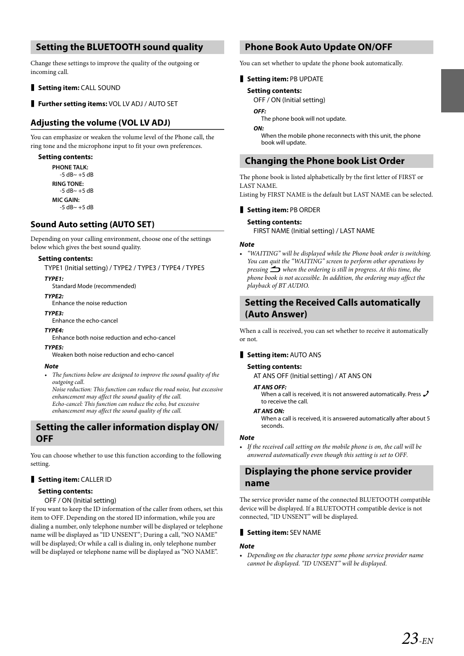 Setting the bluetooth sound quality, Adjusting the volume (vol lv adj), Sound auto setting (auto set) | Setting the caller information display on/ off, Phone book auto update on/off, Changing the phone book list order, Displaying the phone service provider name | Alpine Bluetooth CD Receiver CDE-136BT User Manual | Page 23 / 45