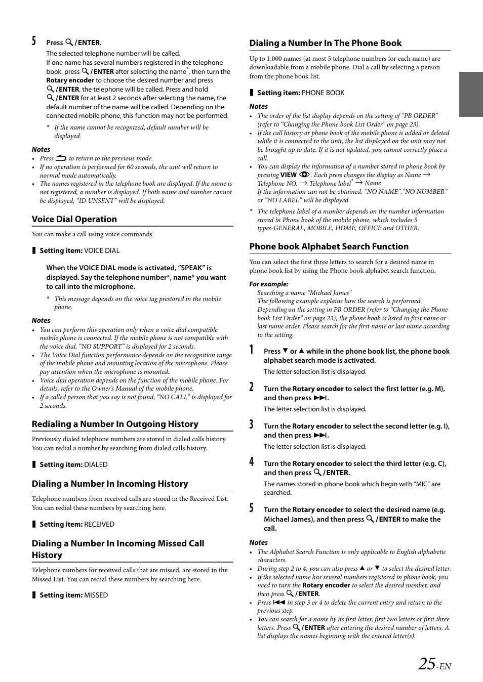 Voice dial operation, Redialing a number in outgoing history, Dialing a number in incoming history | Dialing a number in incoming missed call history, Dialing a number in the phone book, Phone book alphabet search function | Alpine Bluetooth CD Receiver CDE-136BT User Manual | Page 25 / 45